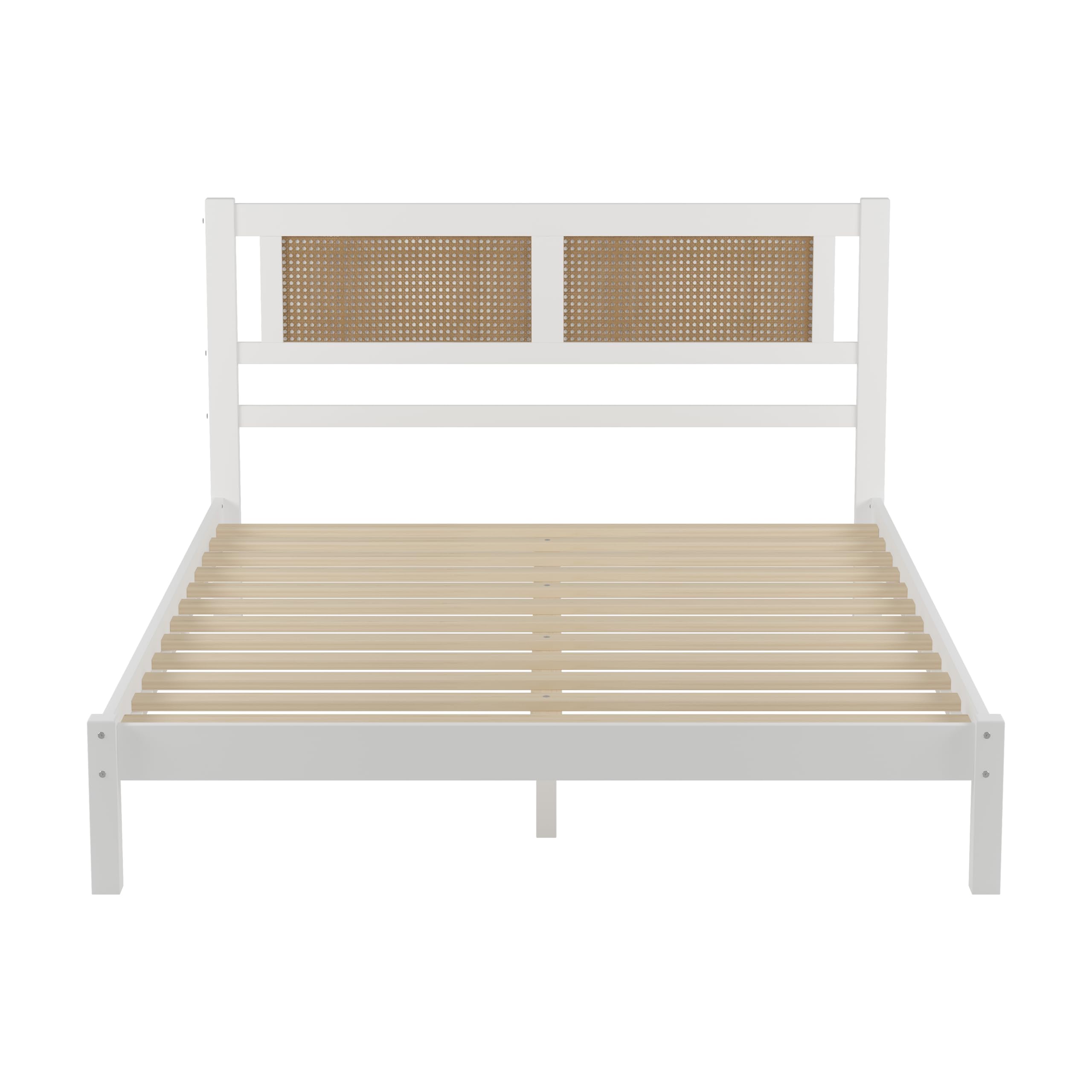 Size Wooden Platform Bed with Natural Rattan Headboard,Wood Platform Beds