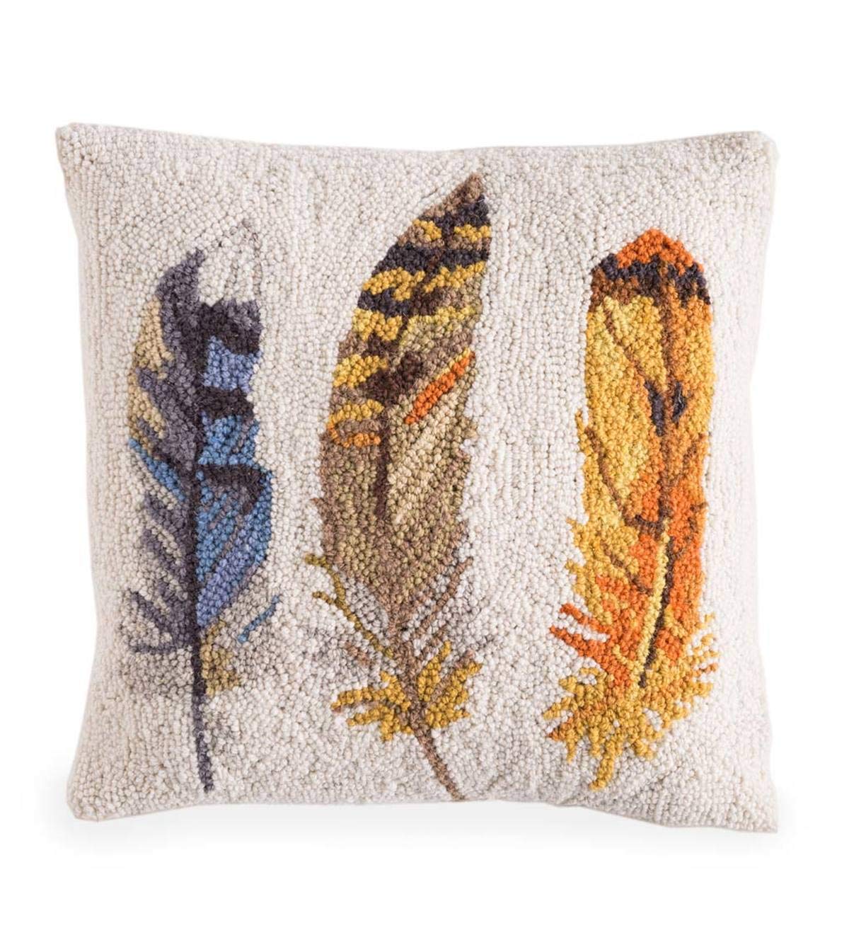16"x16" Hand-Hooked Wool Throw Pillow with Feather Motif & Down Insert