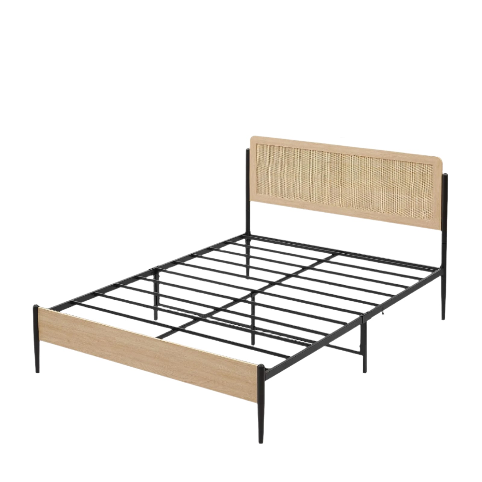 Queen Metal Bed Frame with Rattan Headboard and Wooden Footboard