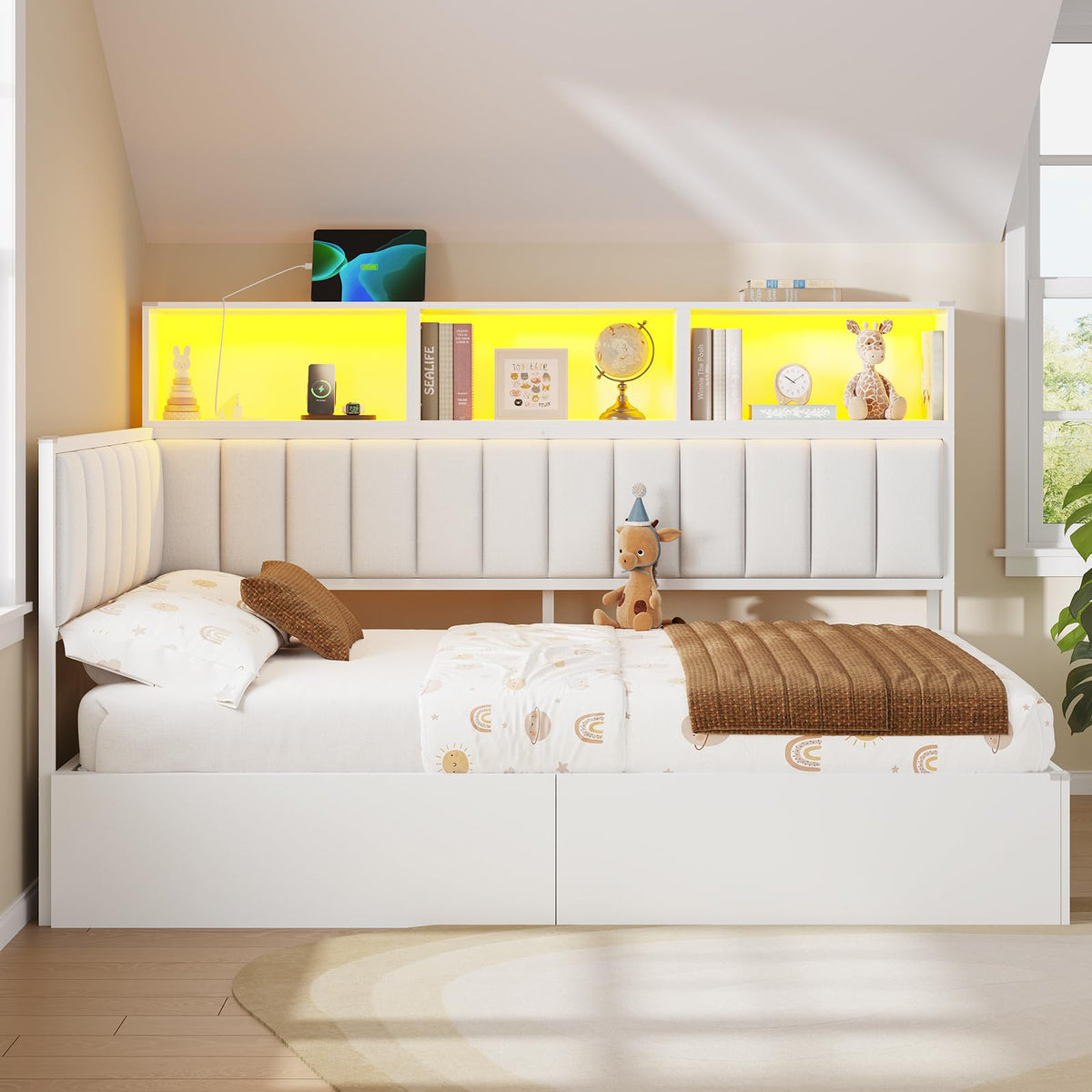 L-Shaped Twin Corner Bed with Storage, LED Lights & Charging Station