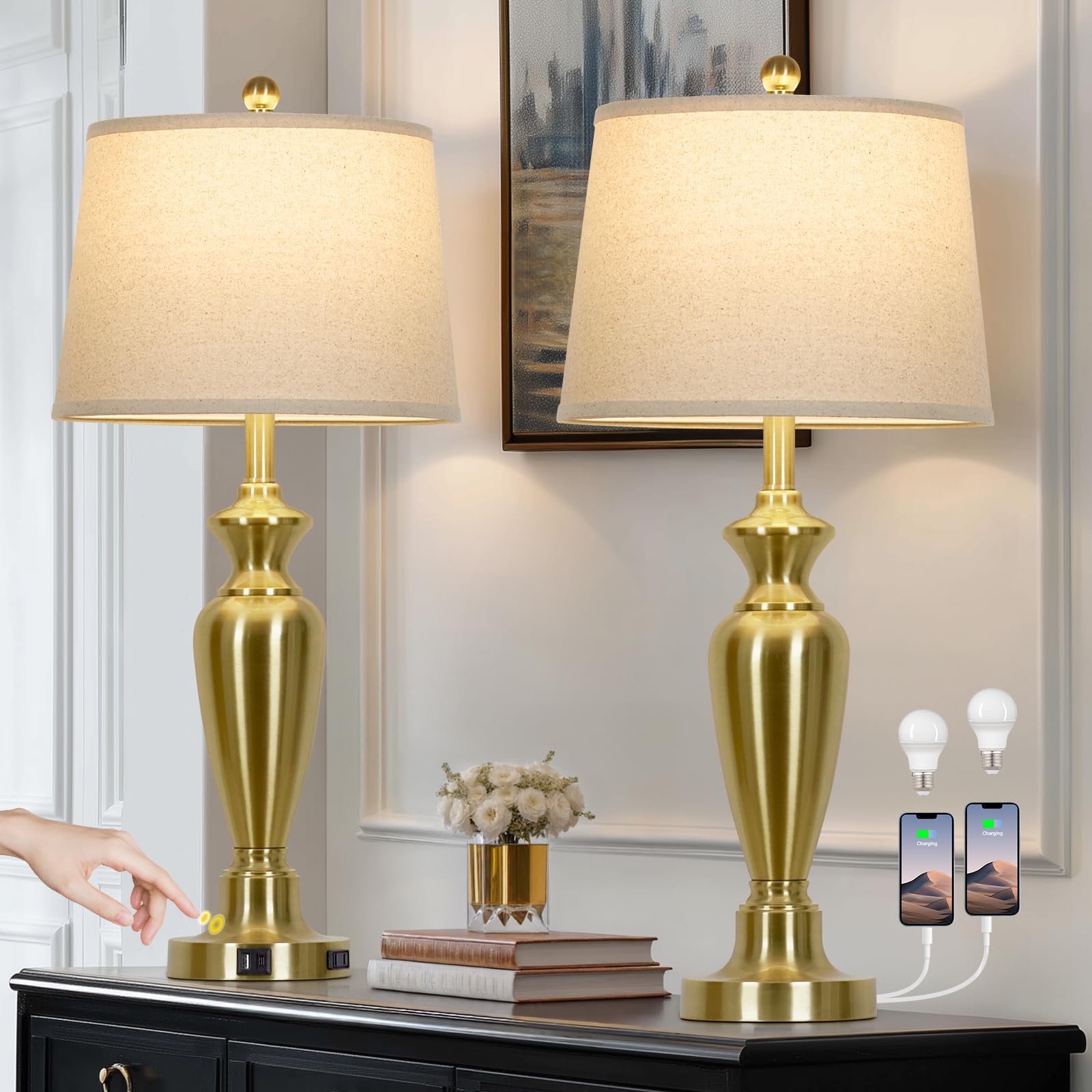 Tall Gold Table Lamps Set of 2, Touch Control Bedside Lamp with USB A+C Ports