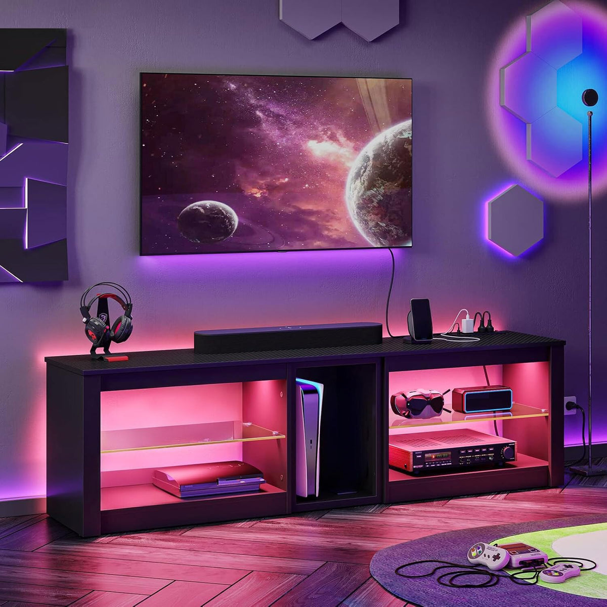 63-Inch Gaming TV Stand with Power Outlets, LED & Glass Shelves