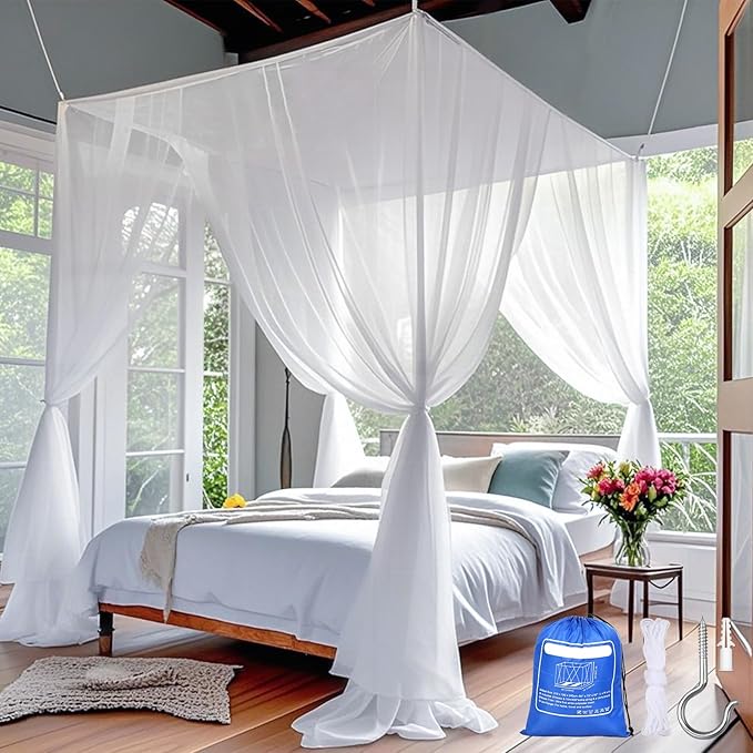 for Bed 4 Corner White Canopy Bed Curtains, Mosquito Net Bed Canopy