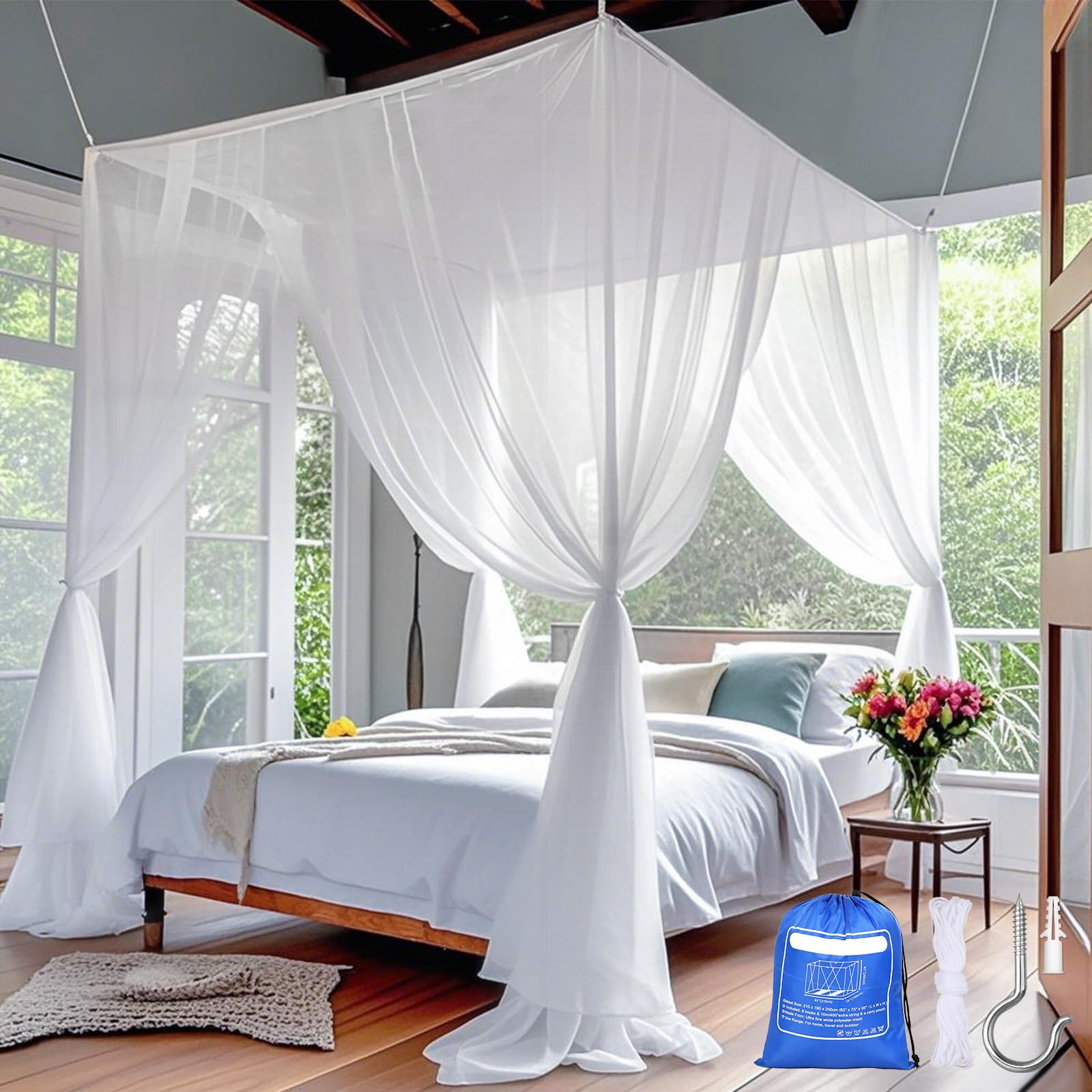 Canopy for Bed 4 Corner White Canopy Bed Curtains, Mosquito Net Bed Canopy