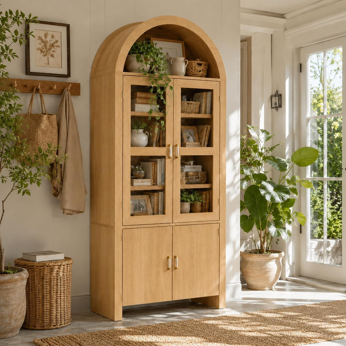 71" Tall Arched Kitchen Pantry Cabinet with Glass Doors