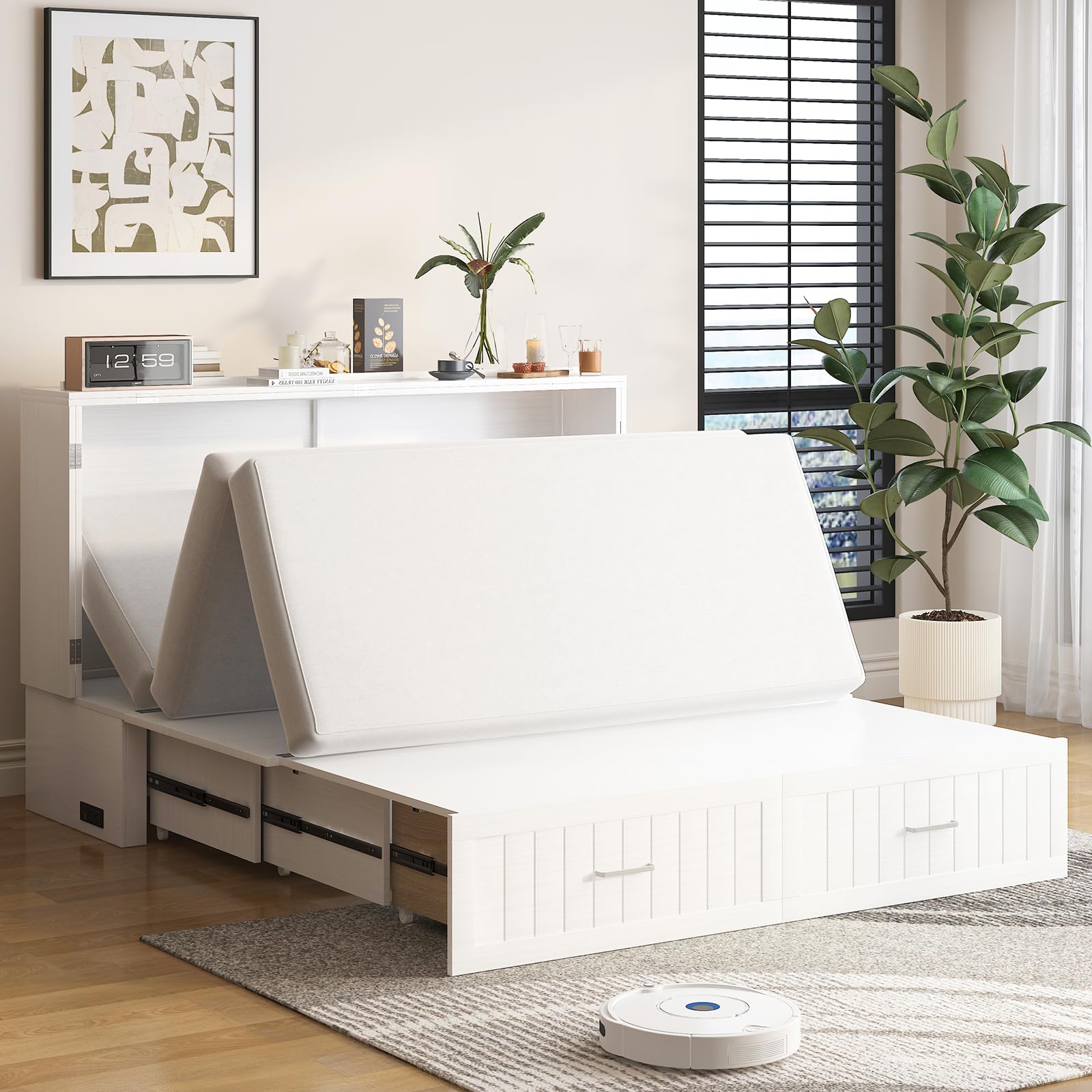 Queen Murphy Bed Cabinet, Cube Chest Bed with Built-in Charging Station