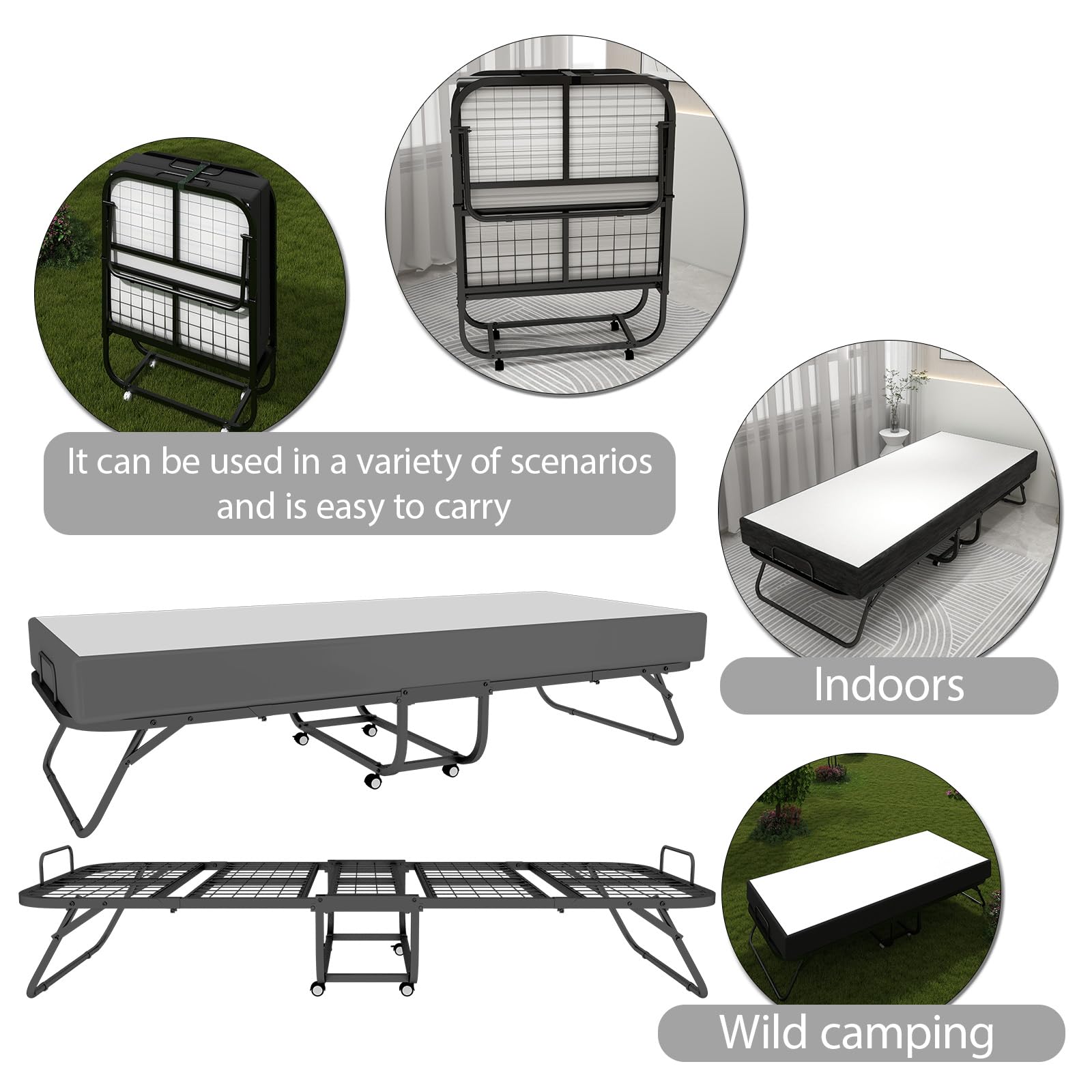 Cot Folding Bed with Mattress - Portable Foldable Roll Away