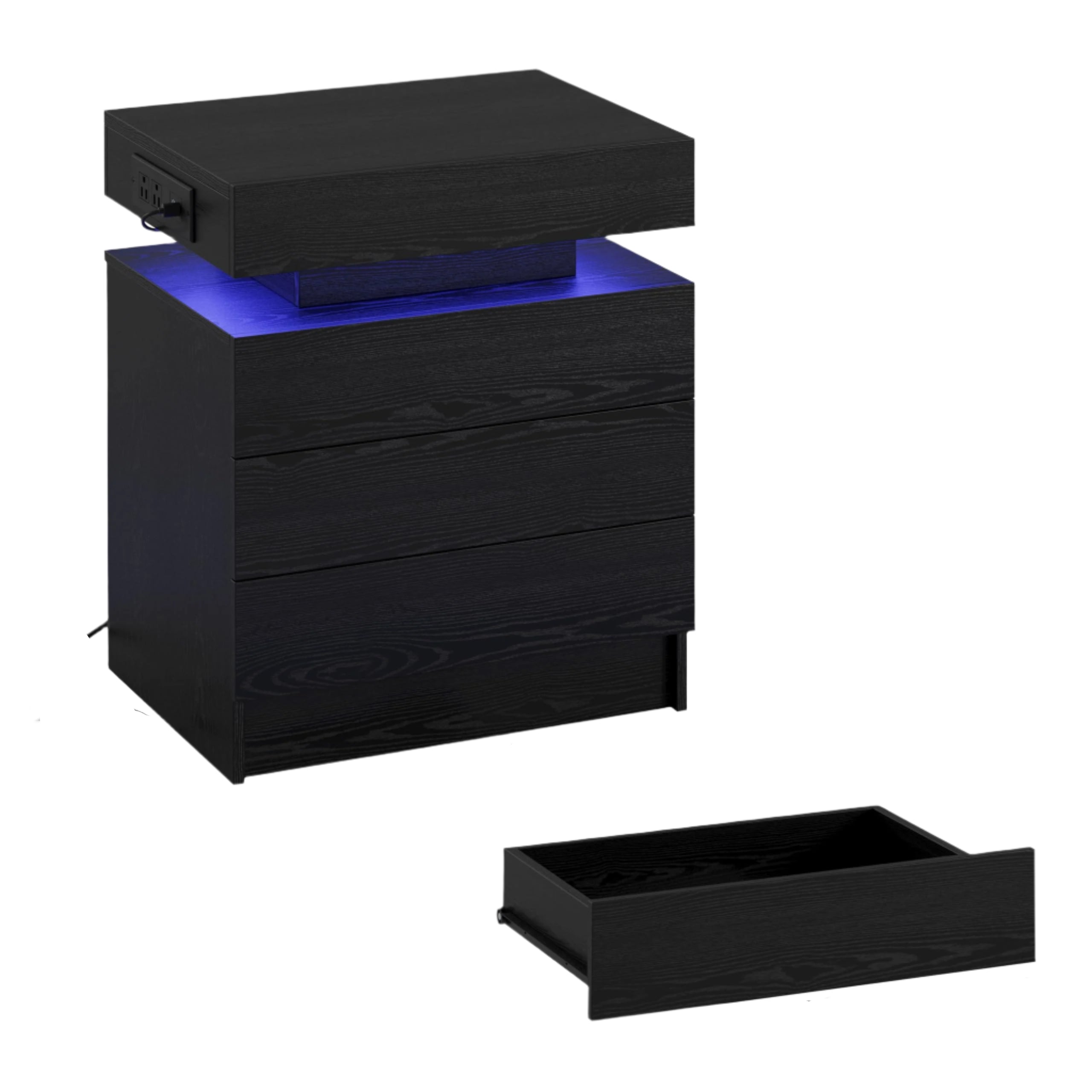 Night Stand with Charging Station, Modern Black Nightstand with LED Light