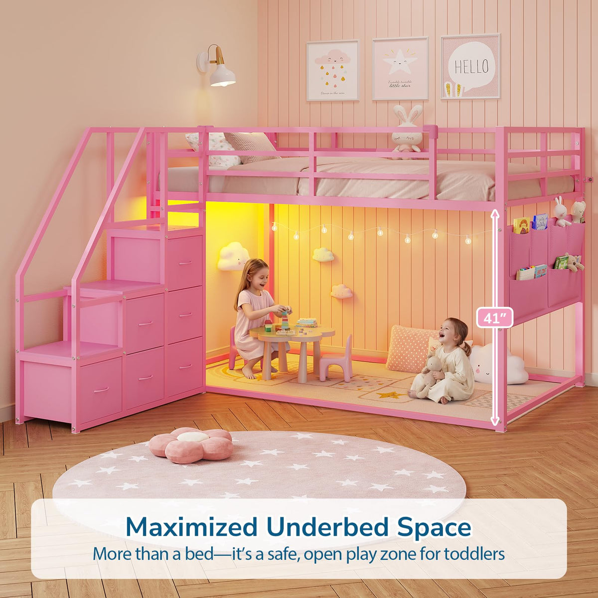 Twin Over Twin Low Bunk Bed with Storage Stairs, 6 Drawers & RGB LED Lights