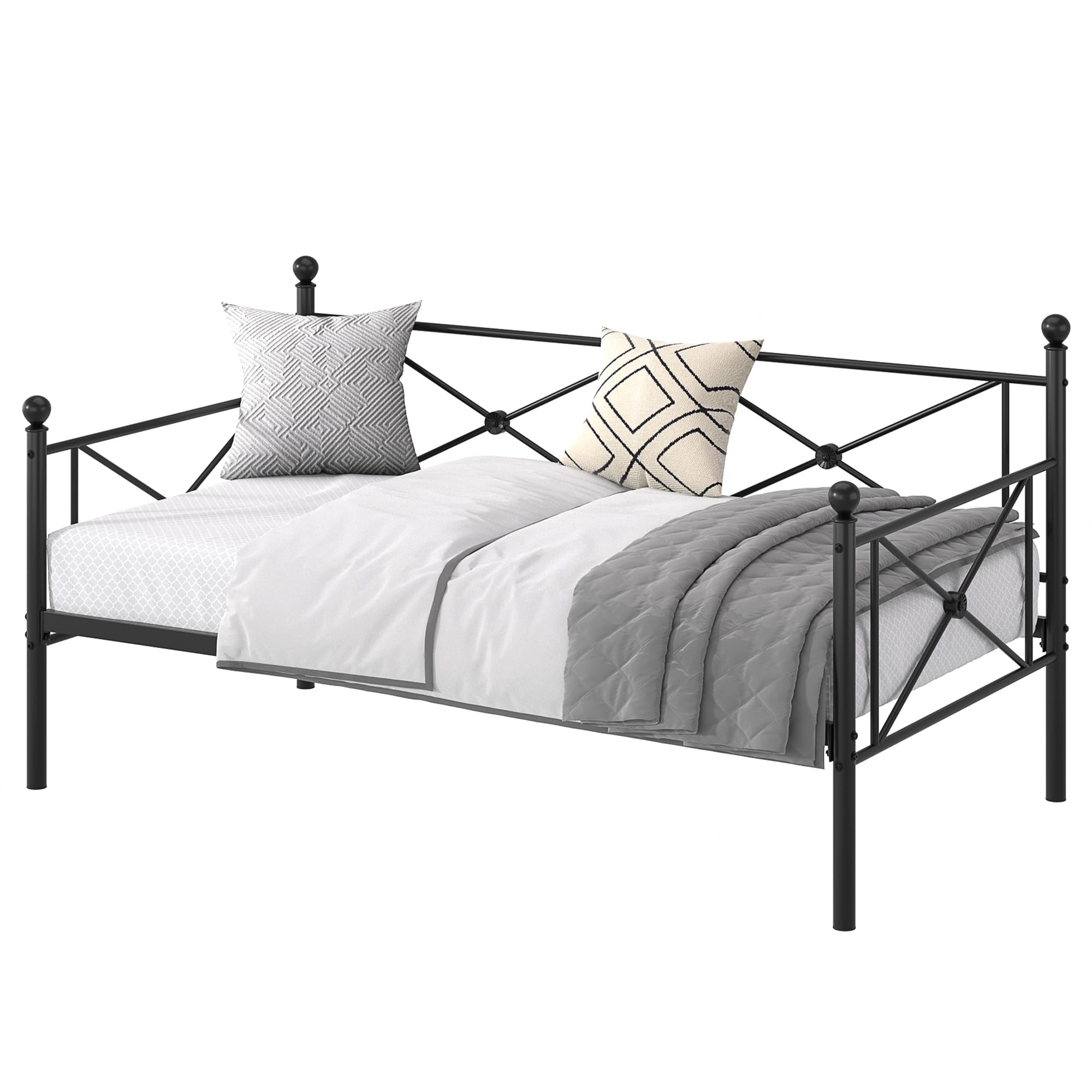 VECELO Twin Daybed Frame, Metal Day Bed with Stylish Headboard, Multifunctional Platform Beds for Bedroom, Living Room, Guest Room, No Boxing Spring Needed, Black