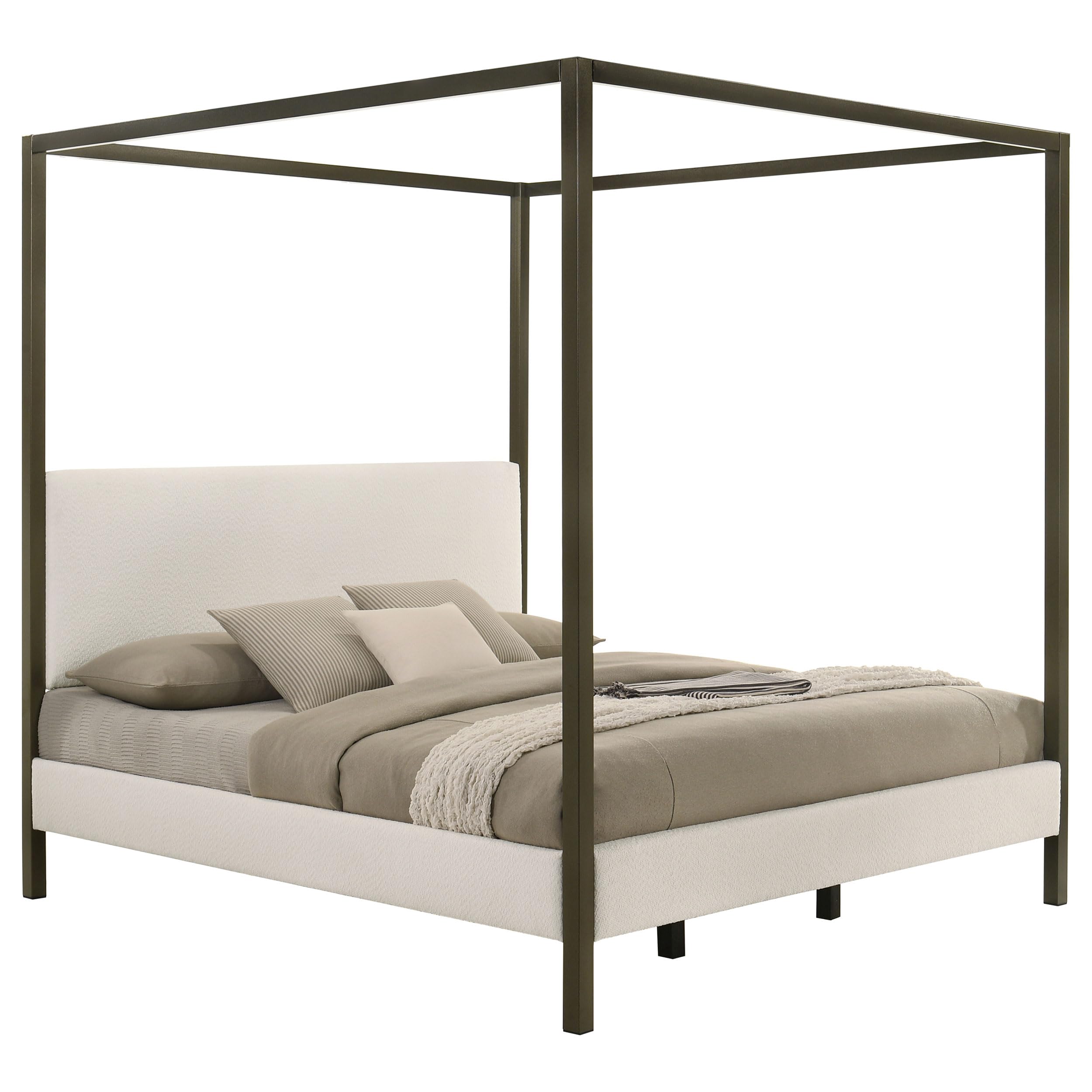 Monroe Transitional Boucle Upholstered Eastern King Size Canopy Bed Frame Platform