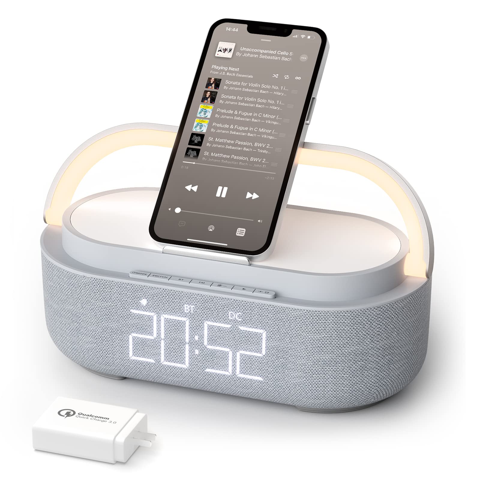 Bluetooth Speaker with Wireless Charger, FM Radio, Dimmable Bedside