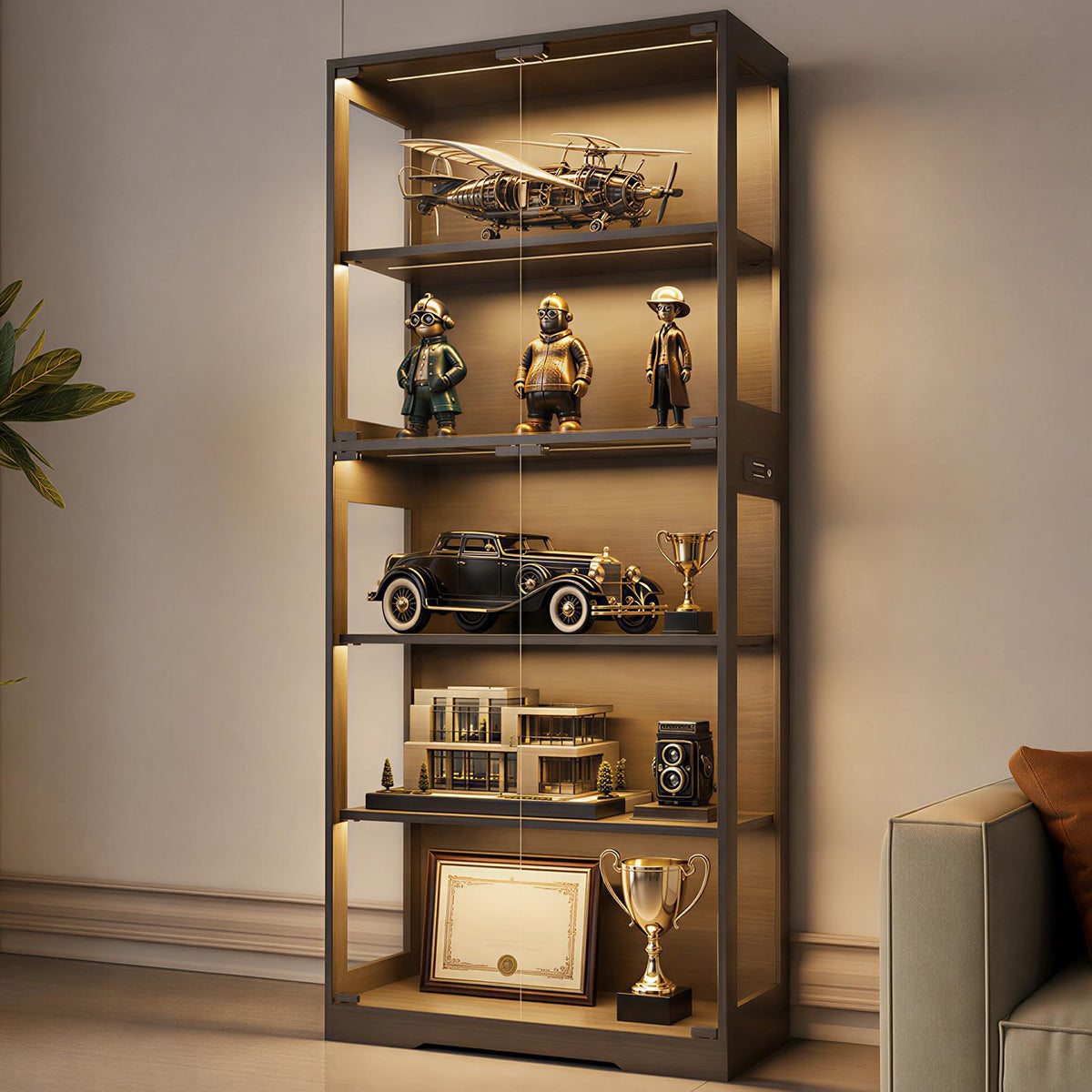 Glass Display Cabinet with LED Lights and Motion Sensor