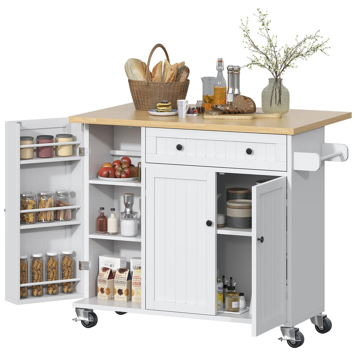 Rolling Kitchen Island with Drop Leaf and Storage Cabinet