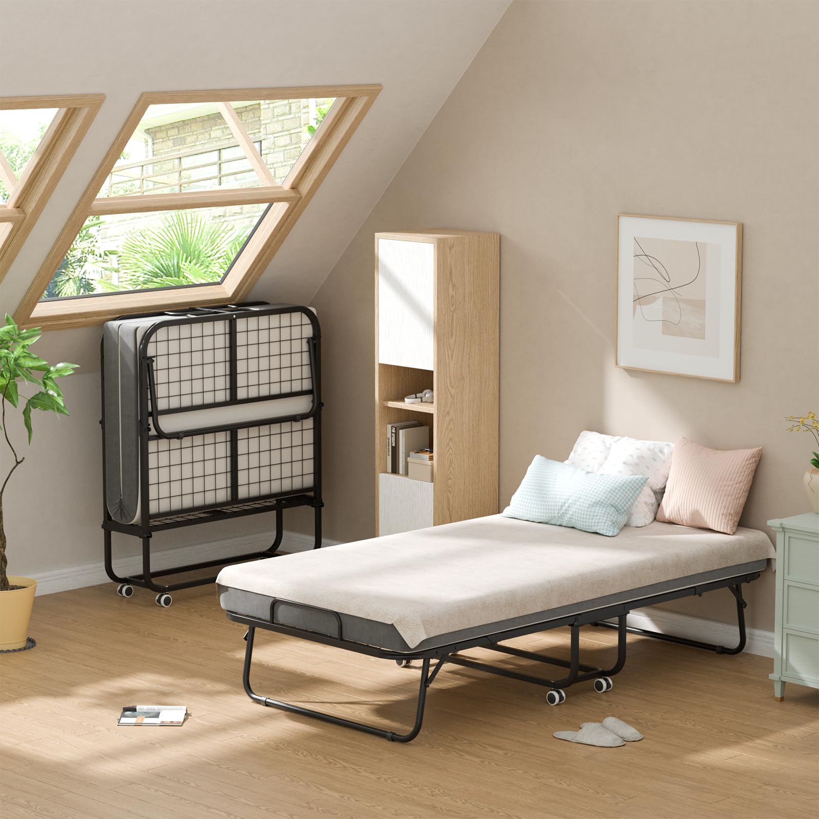 75" x 38" Folding Bed with Mattress for Adults, Portable Foldable Single