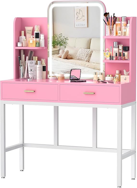 Makeup Vanity Desk with Mirrors, Vanity Set with 2 Storage Drawers and Open Shelves