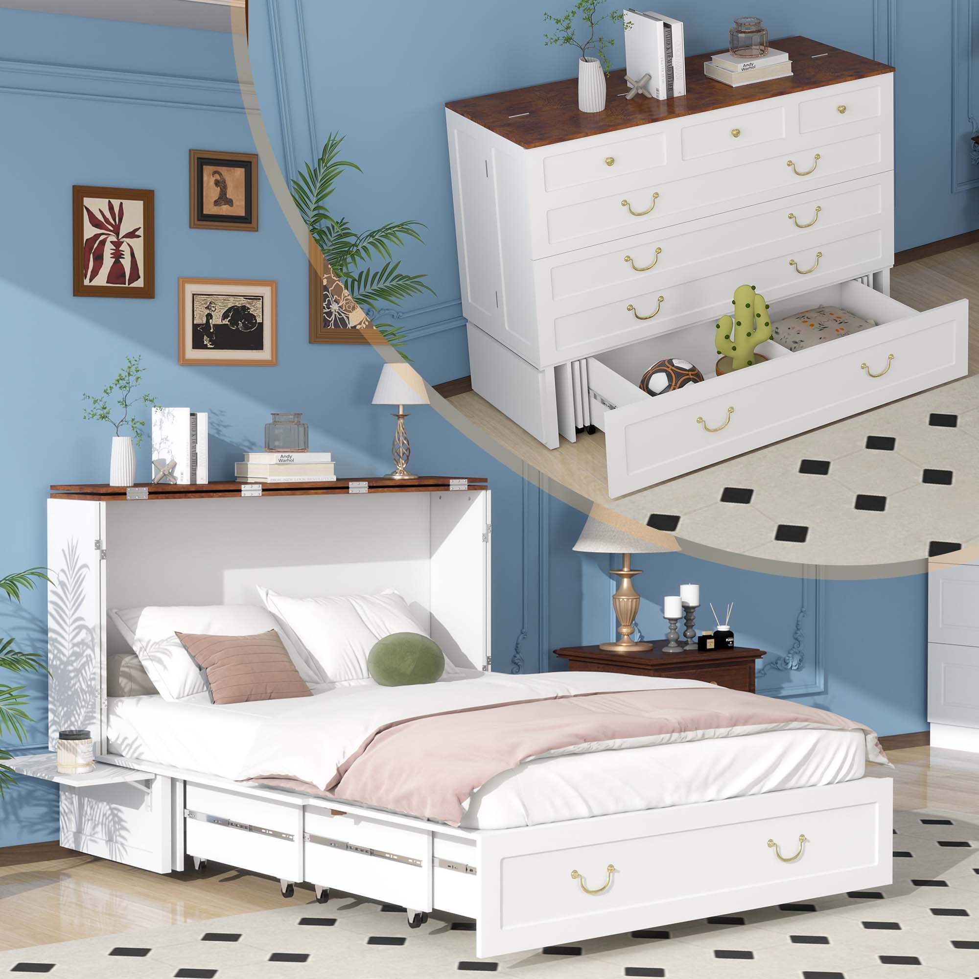 Queen Murphy Bed with Charging Station for Guest Room, Hideaway Cabinet