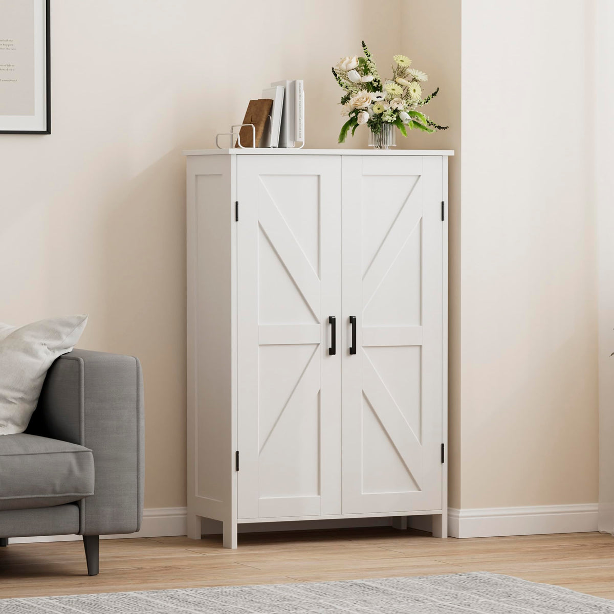 Farmhouse Bathroom Storage Cabinet with Barn Doors & Adjustable Shelves