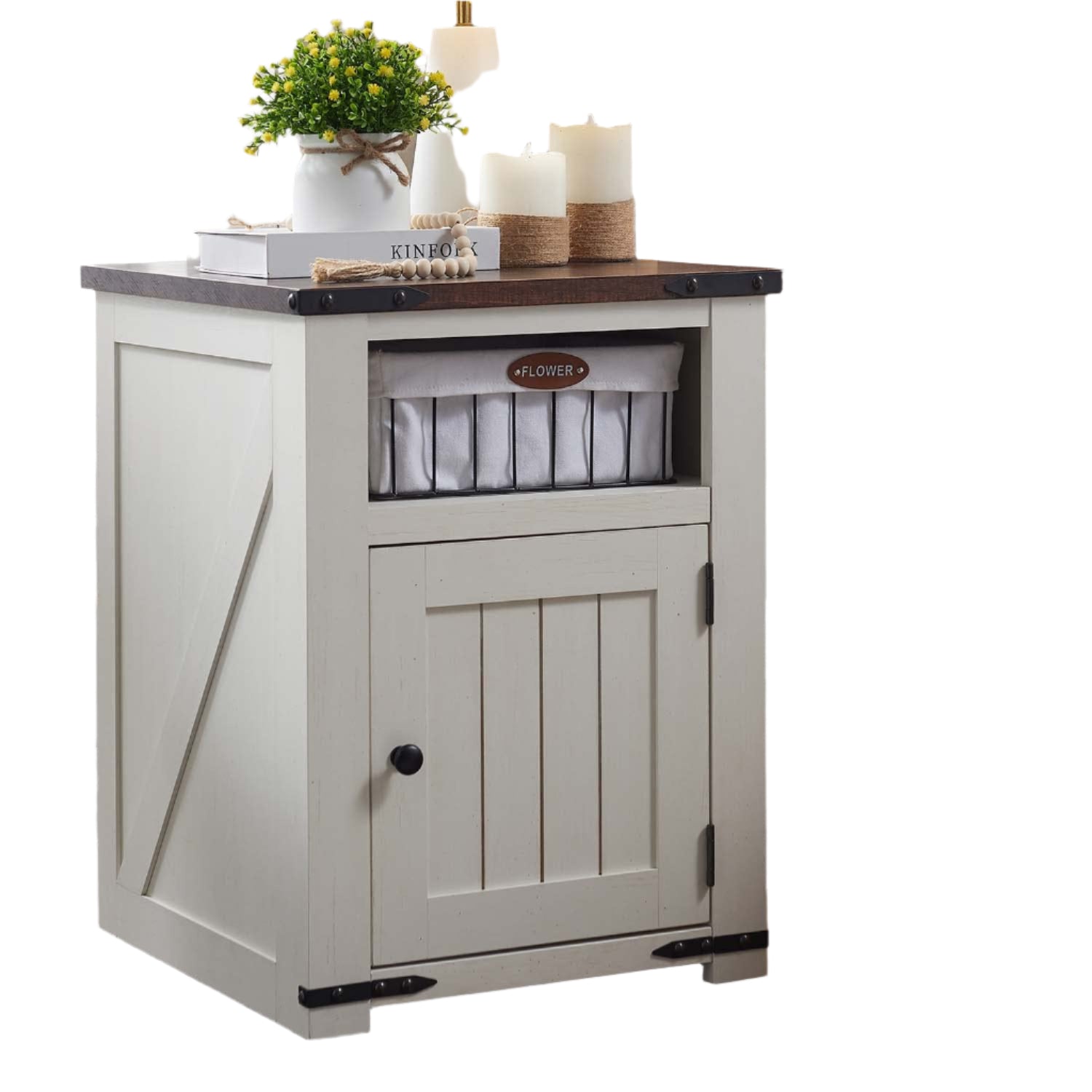 Farmhouse Nightstand with Charging Station, 20" Rustic End Table w/Barn Door