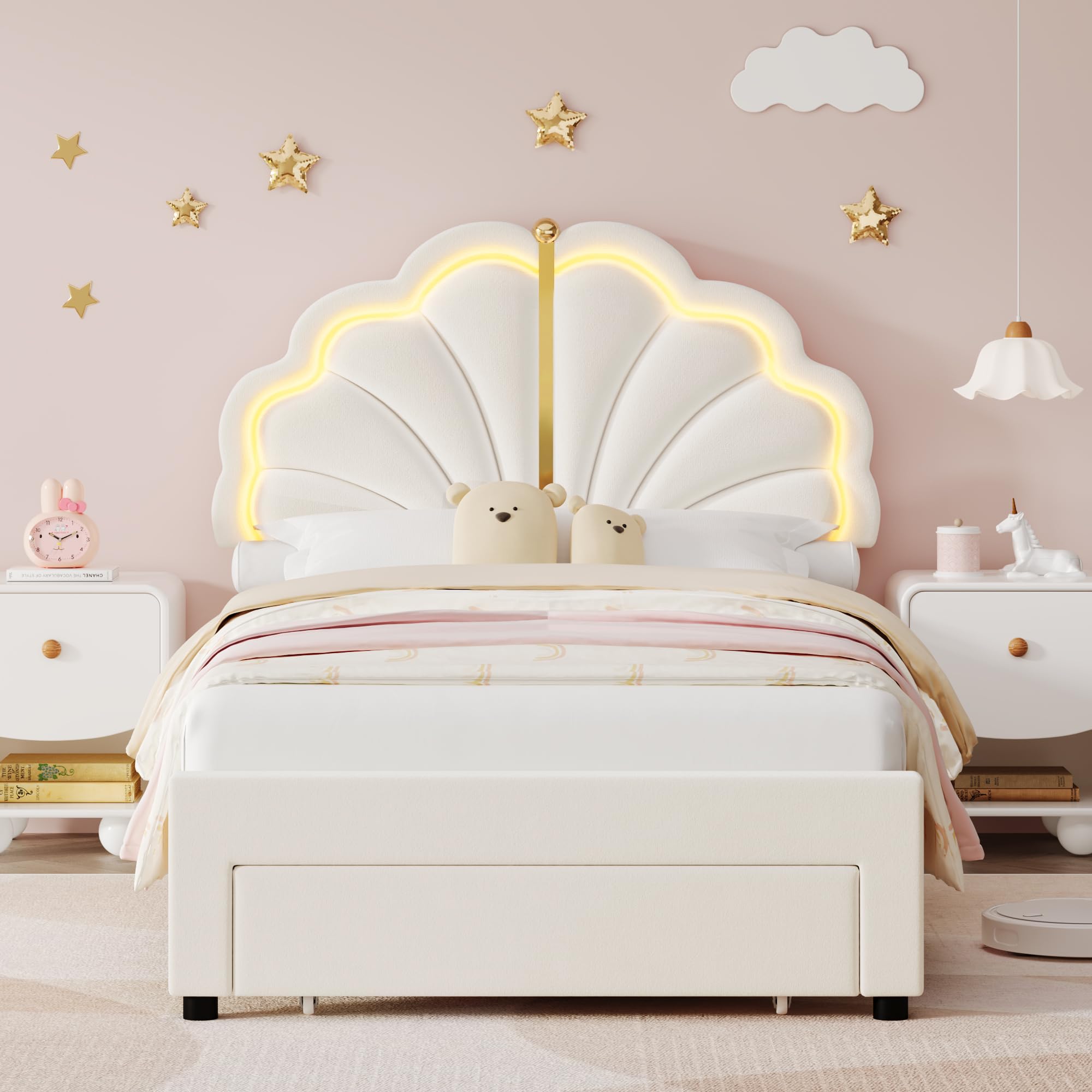 Twin Upholstered LED Bed Frame with Storage Drawers