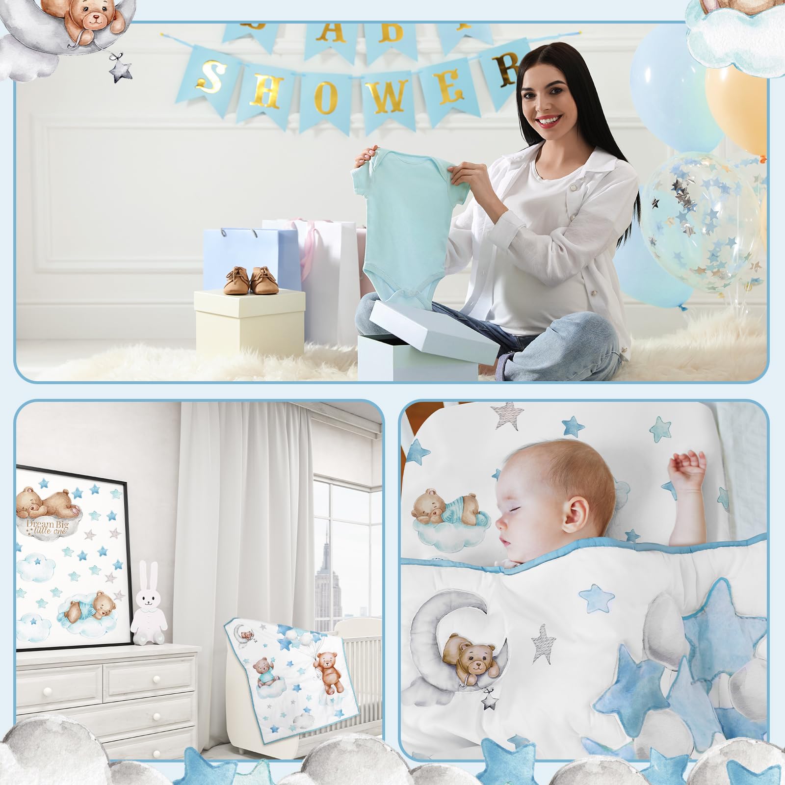 Mixweer 5 Pcs Crib Bedding Set for Toddlers Include Cloud Balloon Bear Theme Crib Sheets, Skirt, Comforter, Pad Cover, Wall Stickers for Boys or Girls Nursery Bedding Sets(Blue)