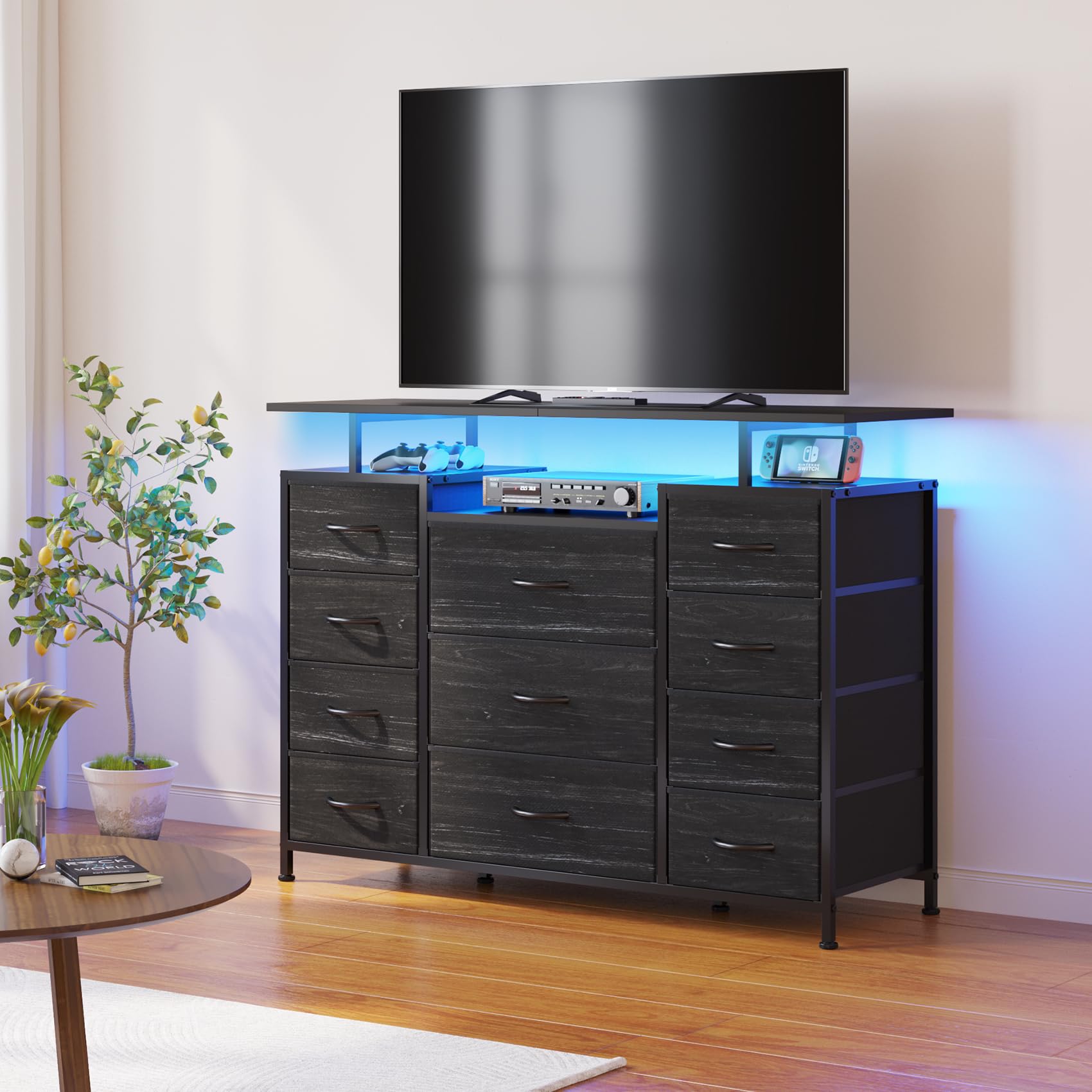 11 Drawers Dresser with Fabric Drawers,Charging Station, LED Lights and Shelves