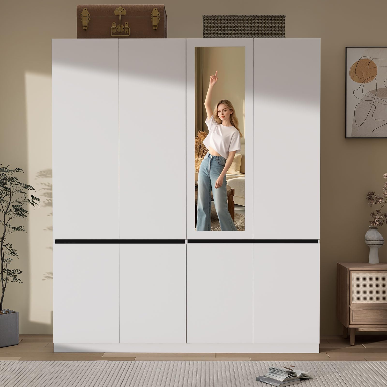 Doors Armoire Wardrobe Closet with Mirror, Wooden Bedroom Armoires
