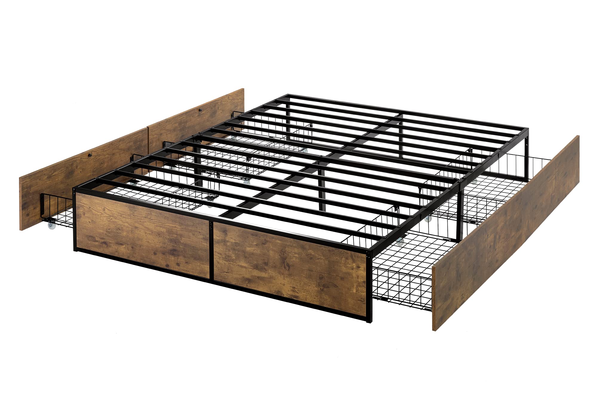 Queen Platform Bed Frame with Storage Drawers, Sturdy Metal and Wood Construction