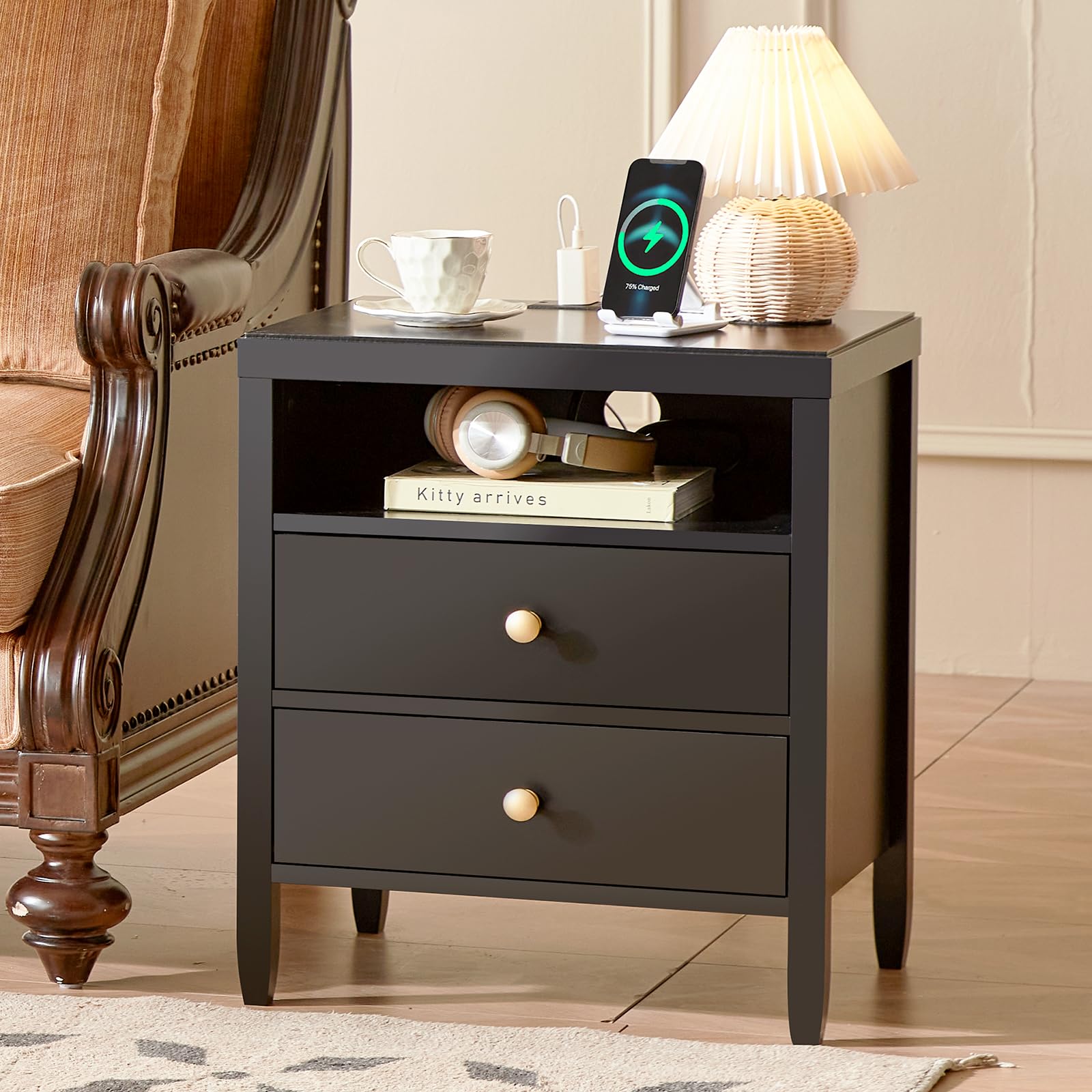 Black Nightstand Set of 2, Night Stand with Charger Station, Bedside Table with 2 Drawers