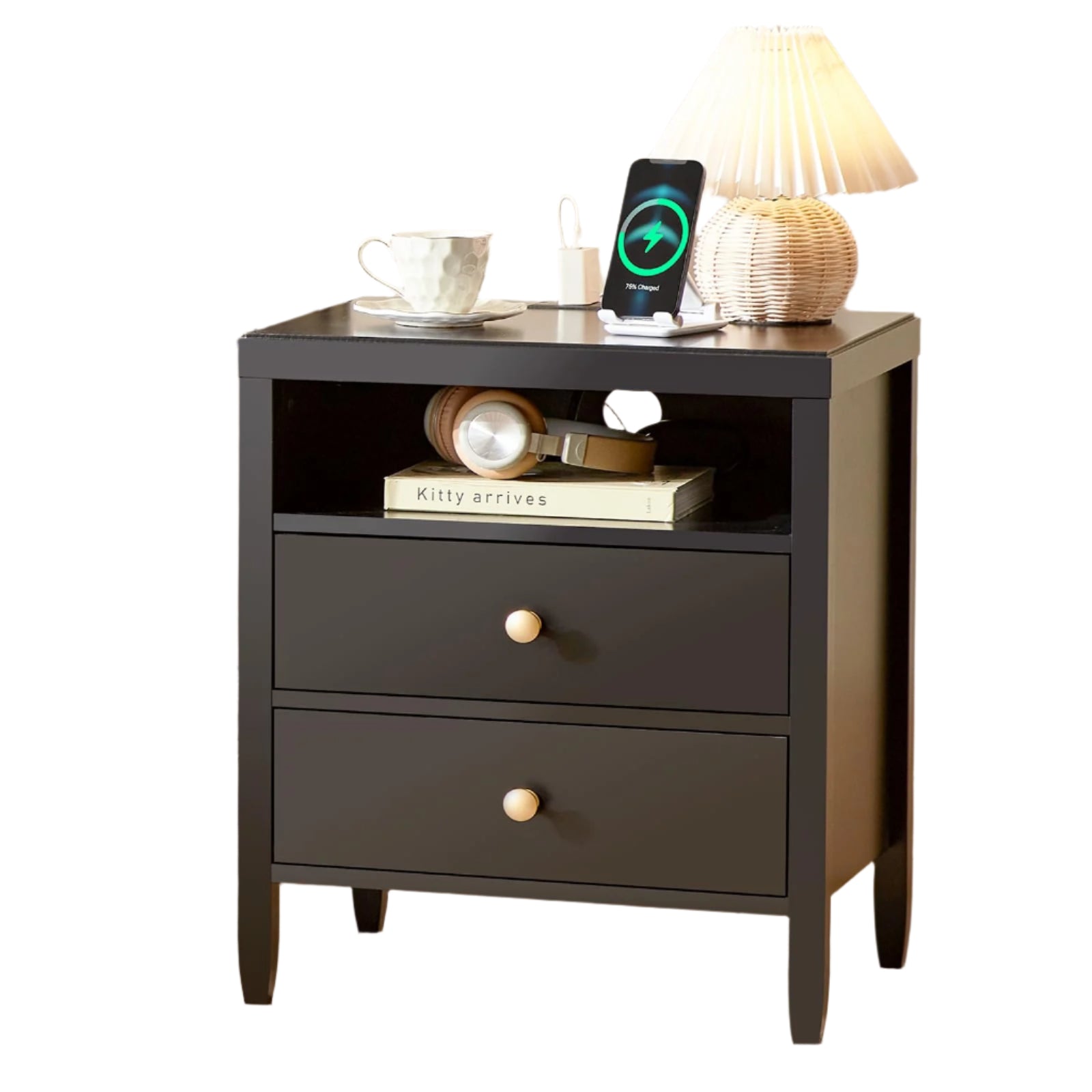 Black Nightstand Set of 2, Night Stand with Charger Station, Bedside Table with 2 Drawers