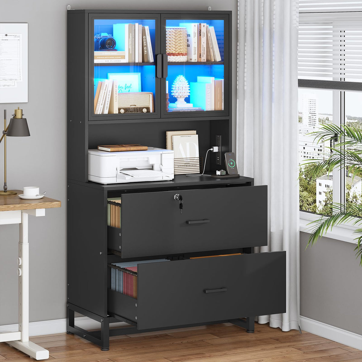 SEDETA 2 Drawer File Cabinet with Lock, Charging Station, Bookshelf, Black