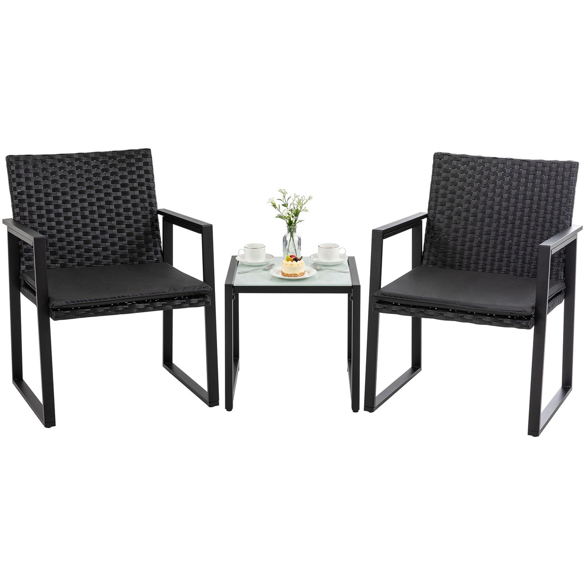 3-Piece Outdoor Wicker Bistro Set with Cushioned Chairs & Glass Coffee Table