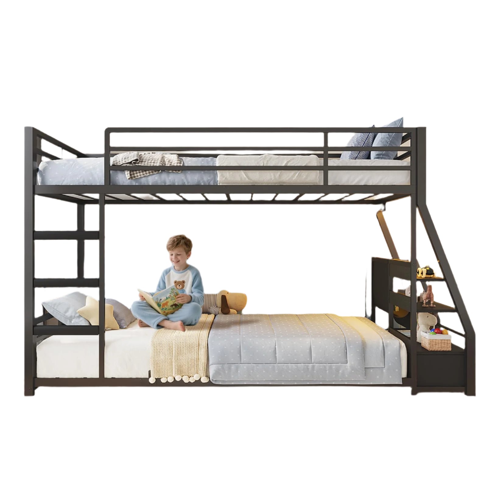 Low Bunk Bed with Sling Bookshelves, Storage Drawers & Power Outlet