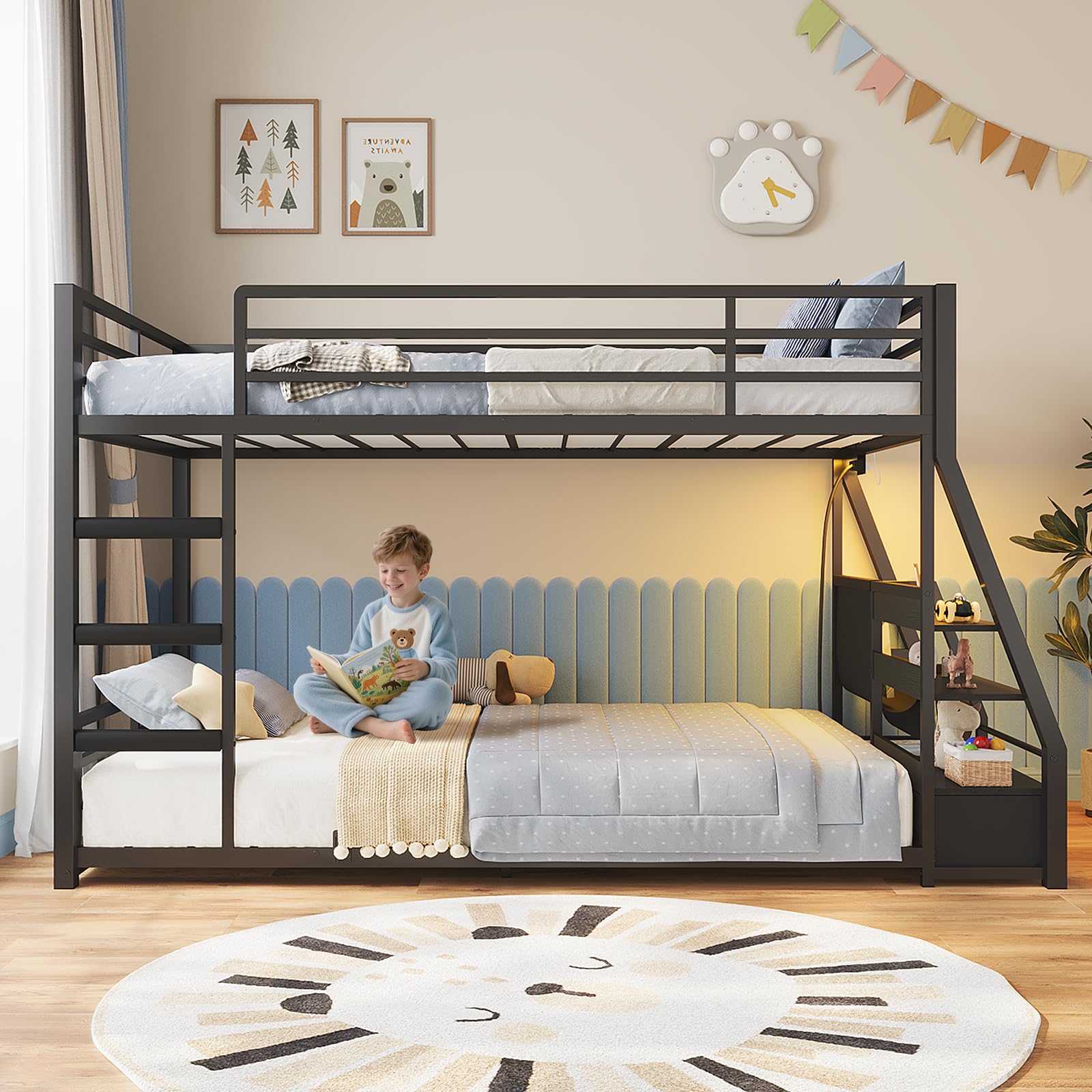 Low Bunk Bed with Sling Bookshelves, Storage Drawers & Power Outlet