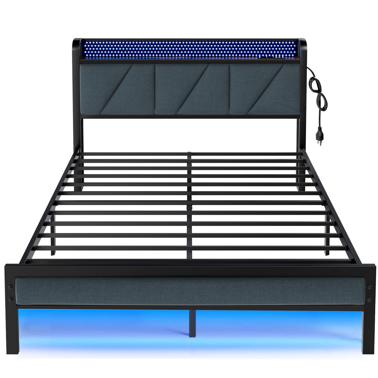 Bed Frame with LED Lights,Headboard with Charging Station and USB Port