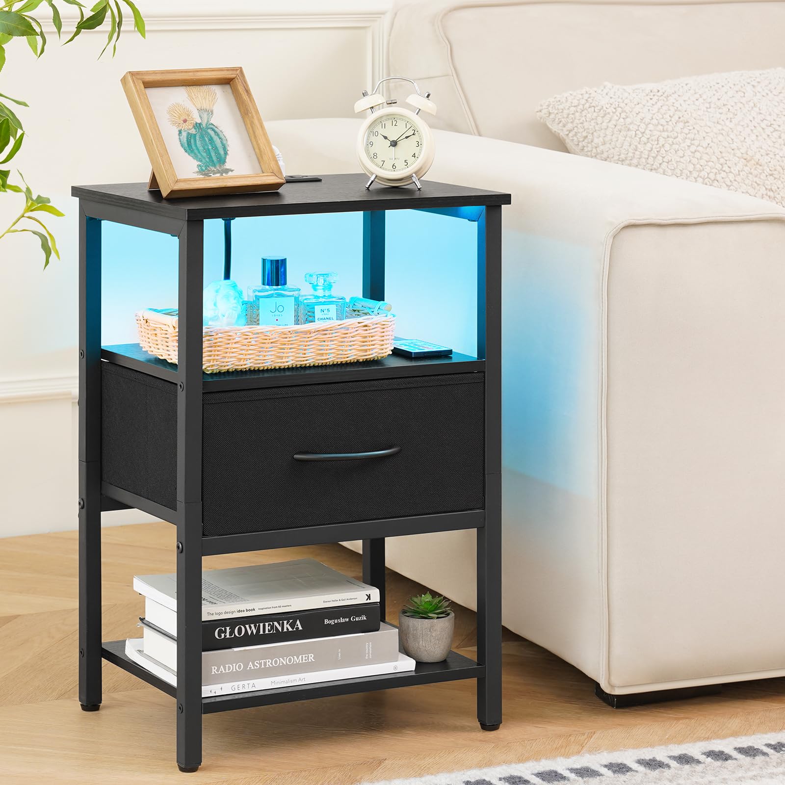 Side Table with Storage, LED Night Stand with Charging Station