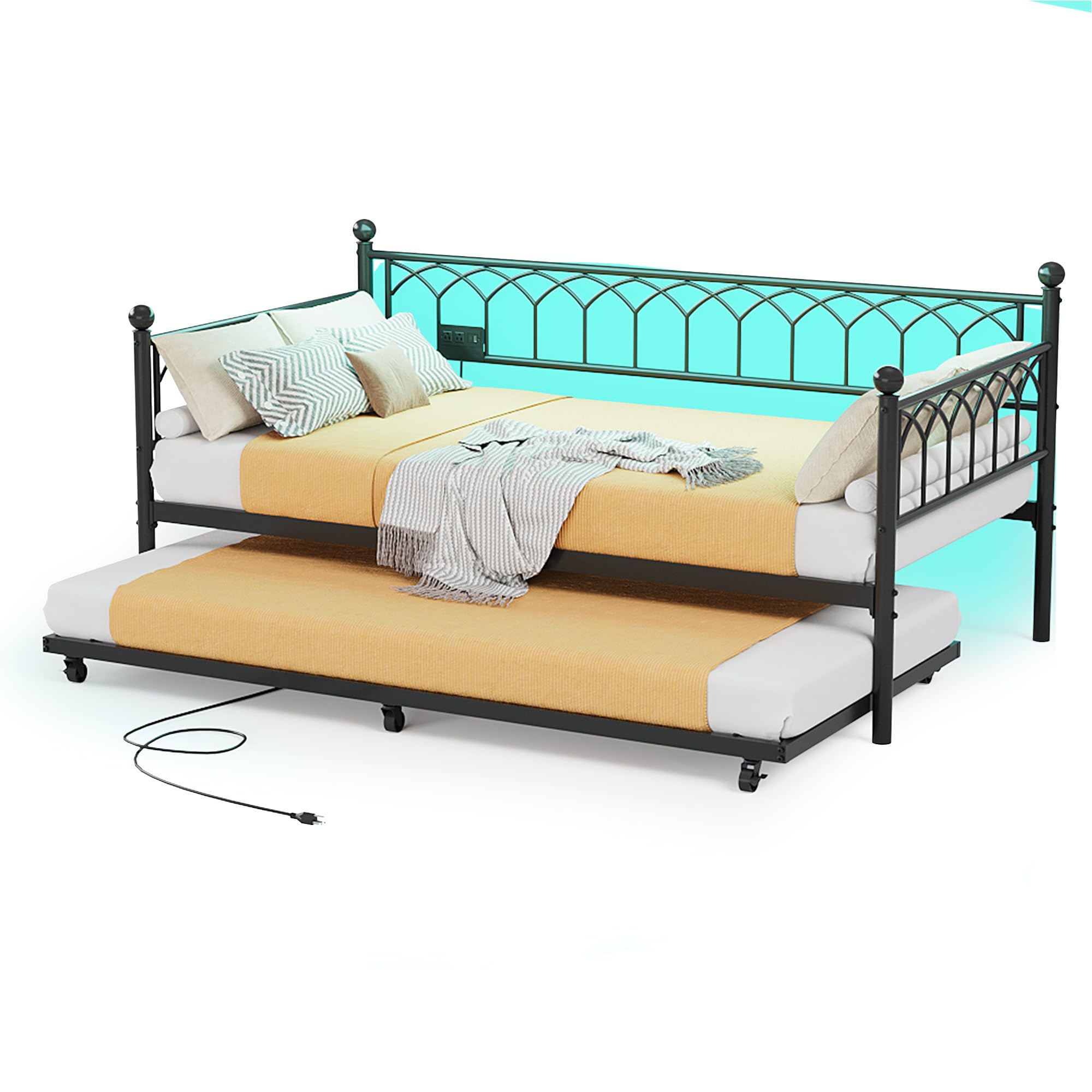 Twin Daybed with Trundle, Day Bed with Charging Station & LED Lights