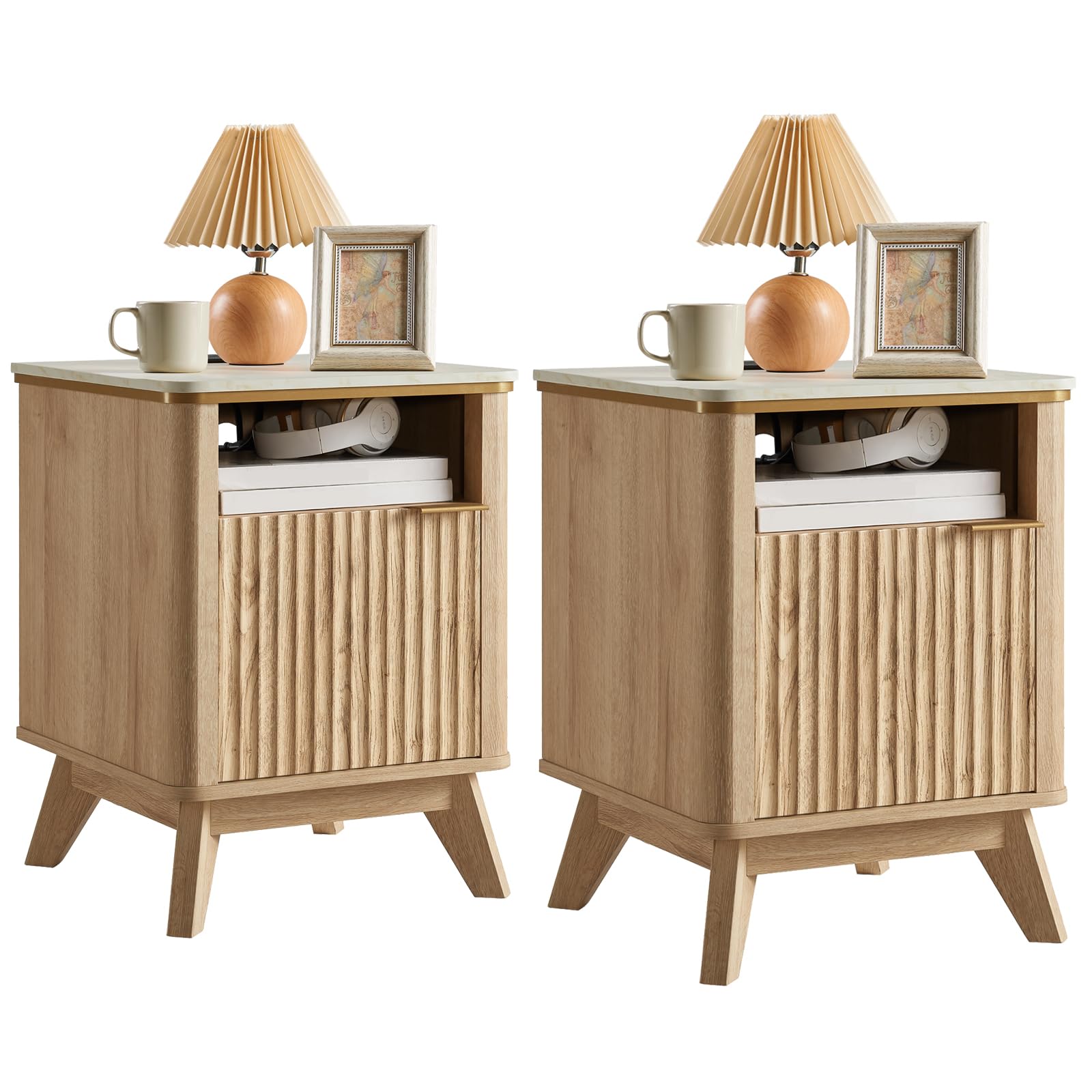 Fluted Nightstand Set of 2 with Charging Station, Bedside Table