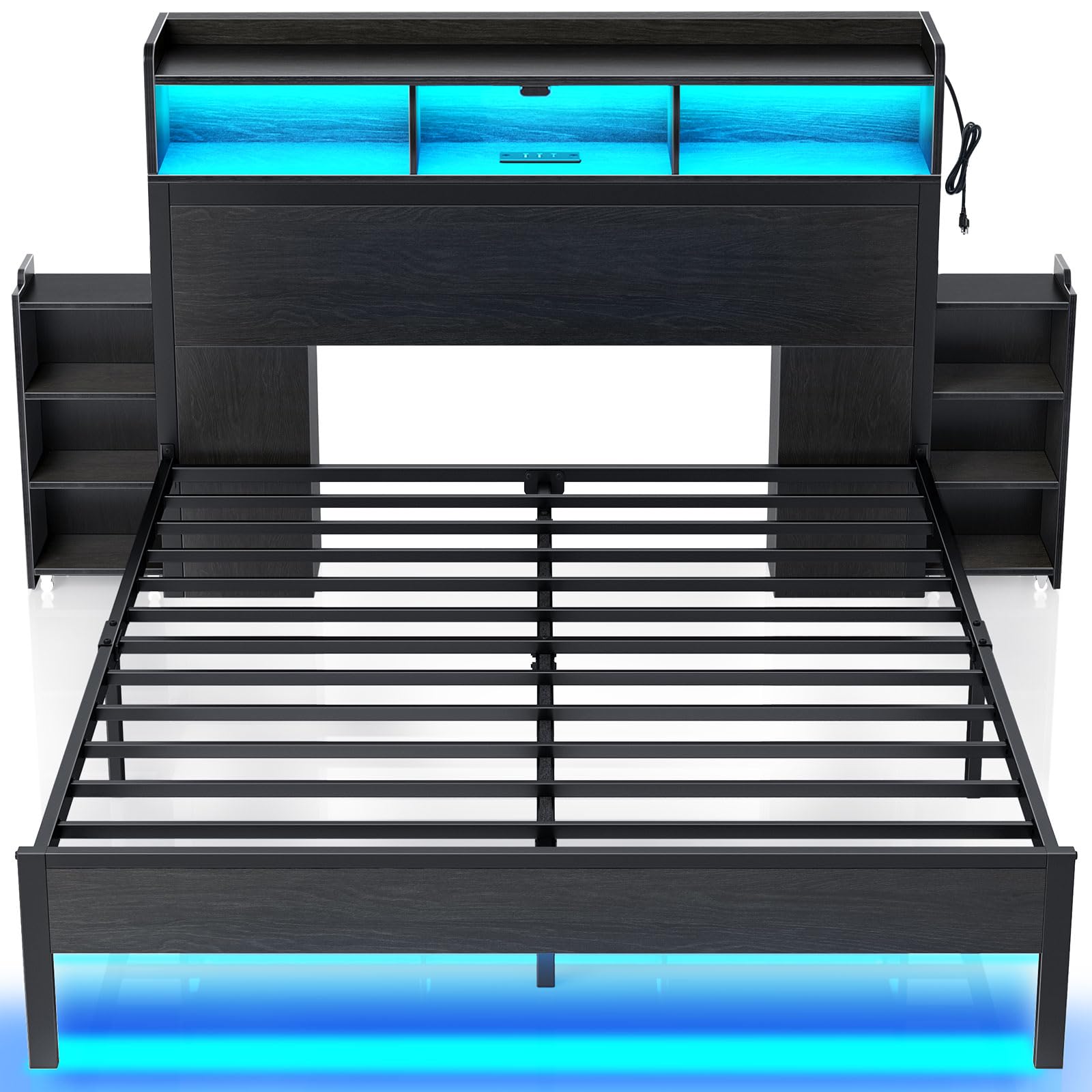 Bed Frame Queen Size with Bookcase Storage Headboard, Slide Out Bedside Storage