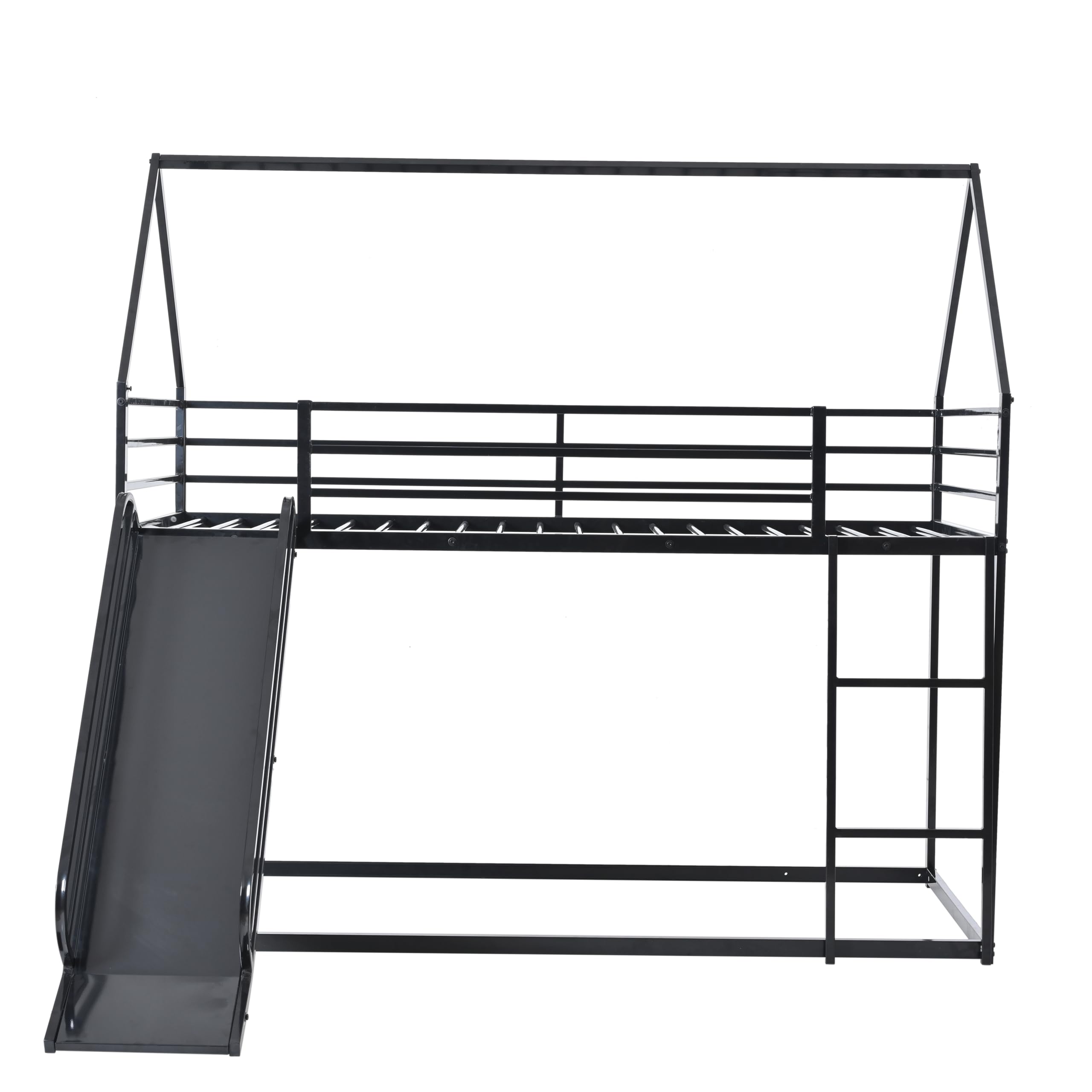 Twin Over Twin Bunk Bed with Slide, Junior House Low Bunk Bed Metal Bunkbeds