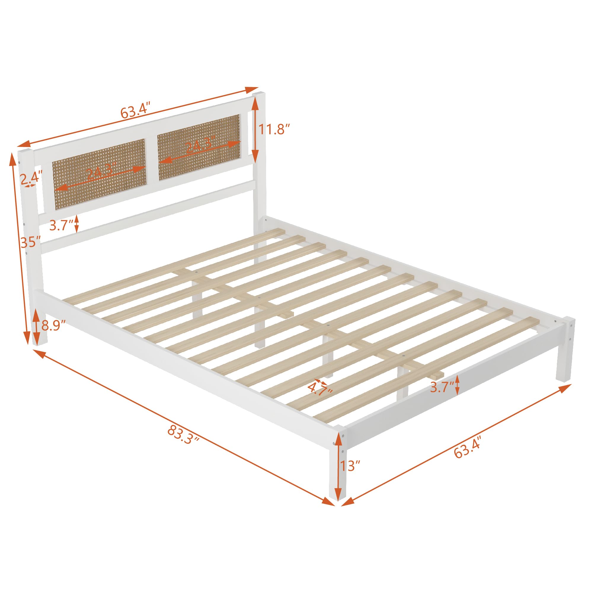 Size Wooden Platform Bed with Natural Rattan Headboard,Wood Platform Beds