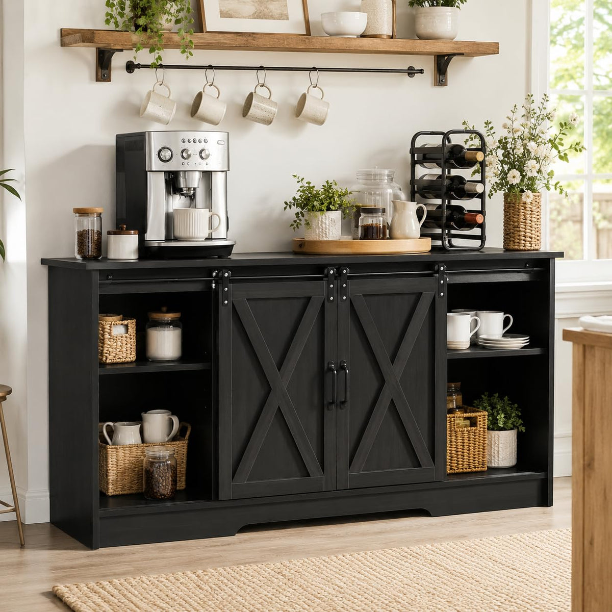 59" Farmhouse Coffee Bar Cabinet with Sliding Barn Doors