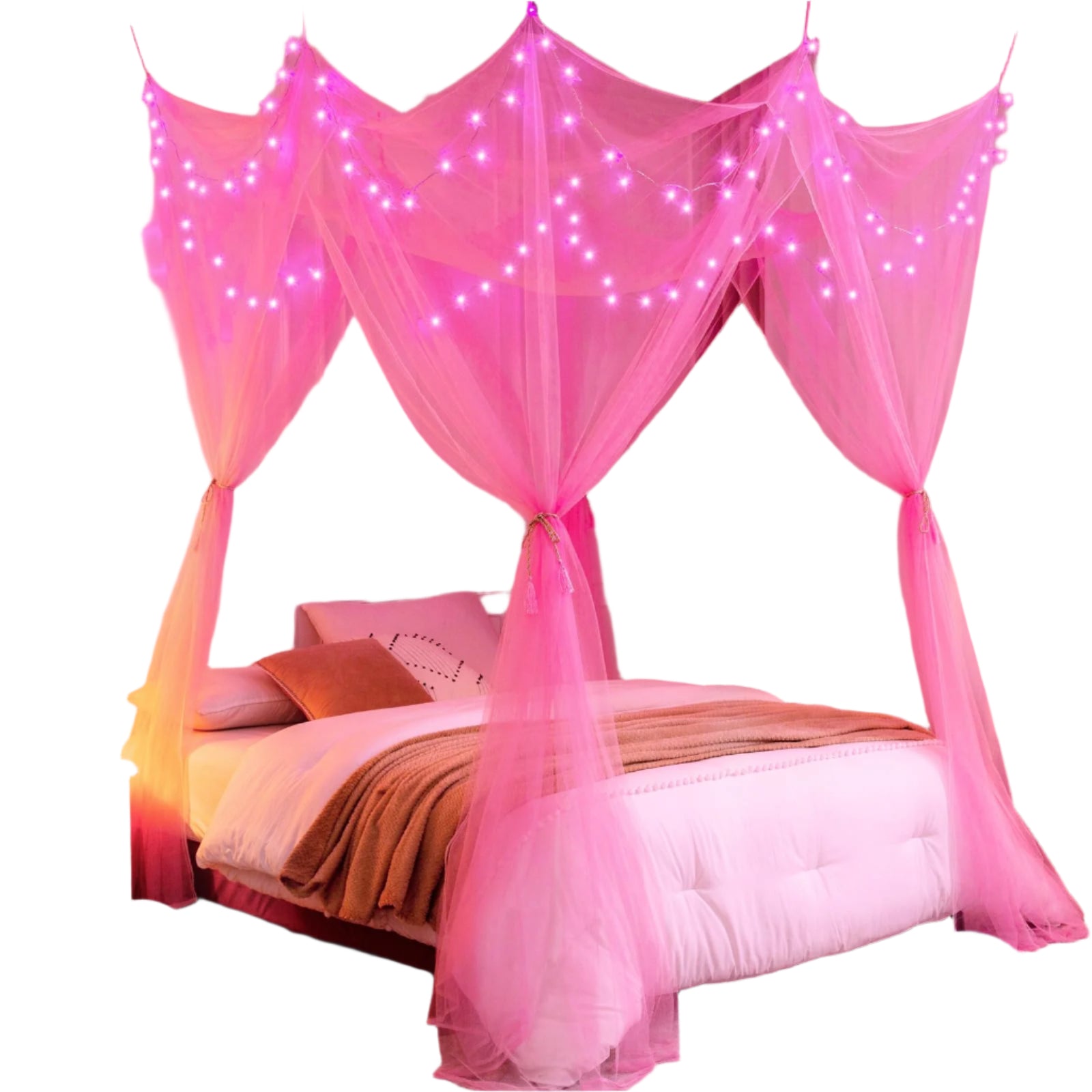 Pink Bed Canopy with Lights for Girls, 8 Corners Post Canopy Bed Curtain