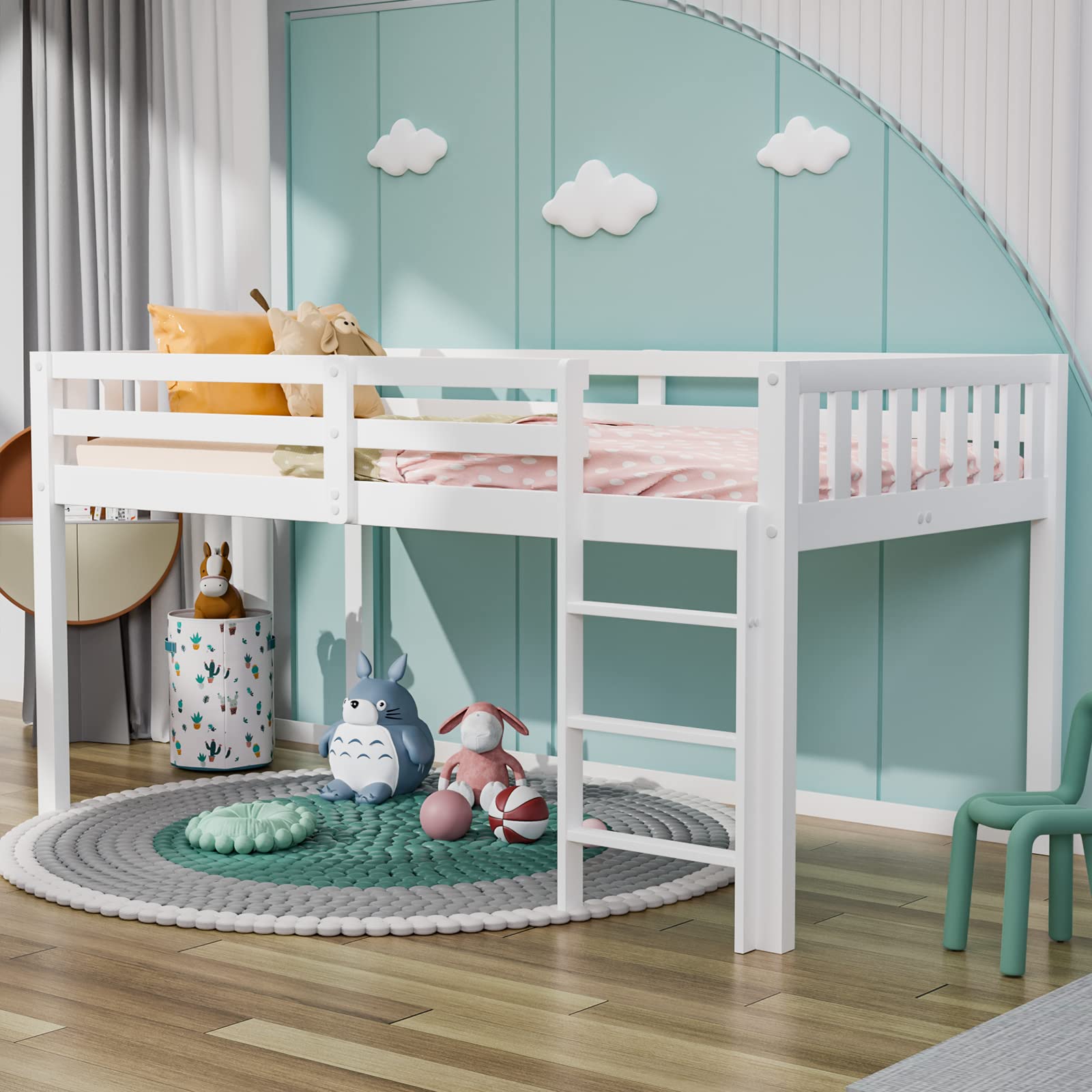 Twin Loft Bed Low Loft Bed Frame for Little Kids Small Room/Low Ceiling Bedrrom