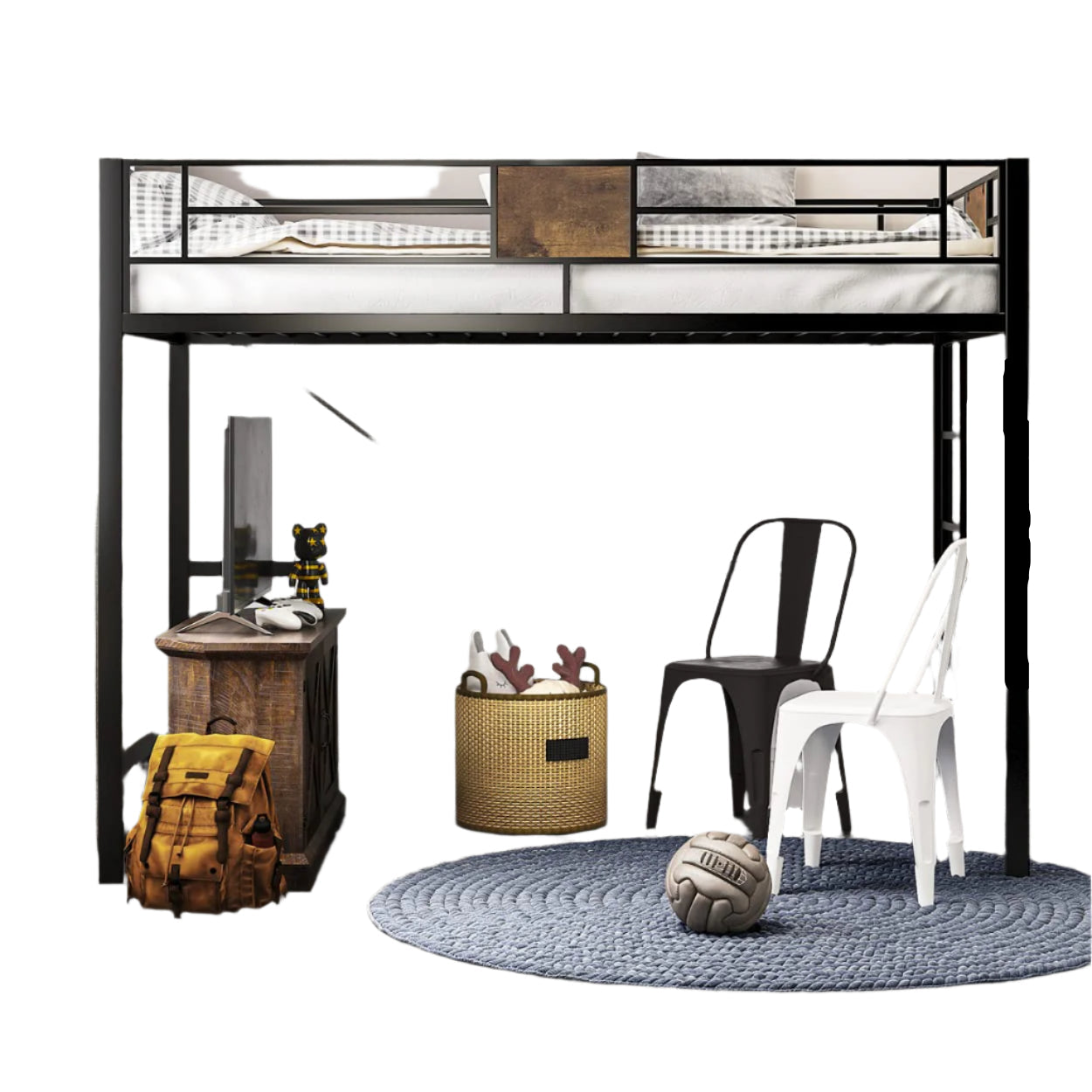 Loft Bed Twin Size with Ladder and Guardrail,Rustic Design,Metal Slats