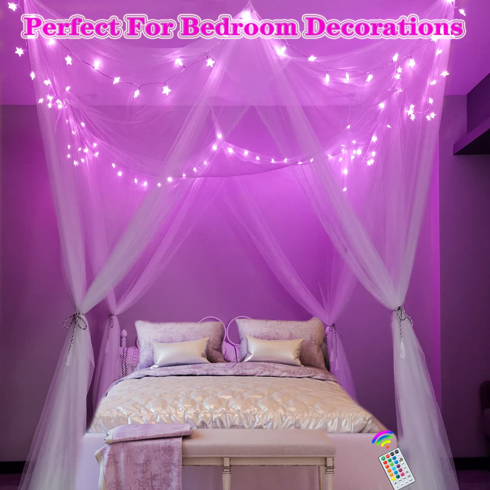 White Bed Canopy with 24 Colors Star Lights for Girls, 8 Corner Princess Canopy