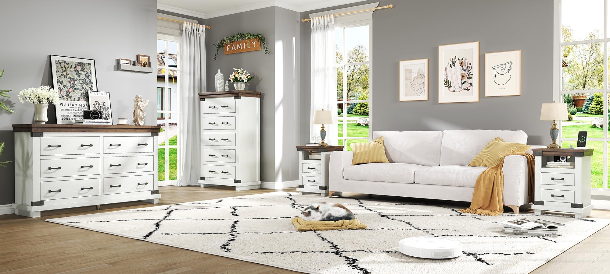4 Pieces Farmhouse Bedroom Set, Includes 6 Drawer Large Dresser Chest