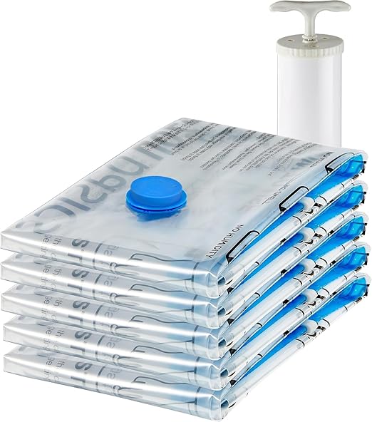 Amazon Basics Vacuum Compression Space Saving Storage Bags with Hand Pump for Clothes Packing, Jumbo, Clear, Pack of 6
