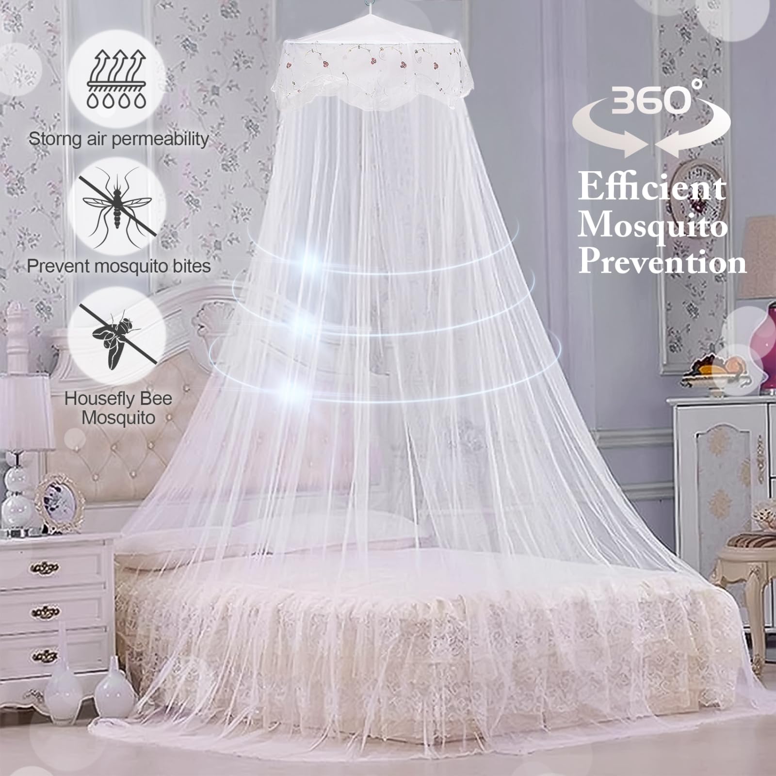 Bed Canopy for Girls, Princess Bed Curtain Net for Single to King Size,Bedroom Decoration