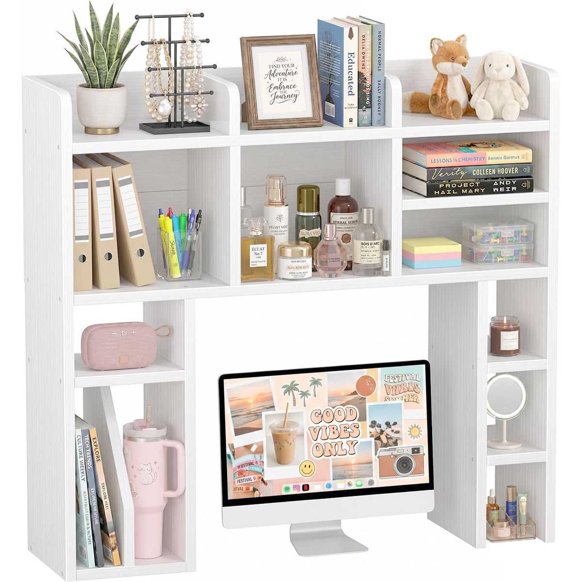 White Desk Hutch with Shelves and File Organizer